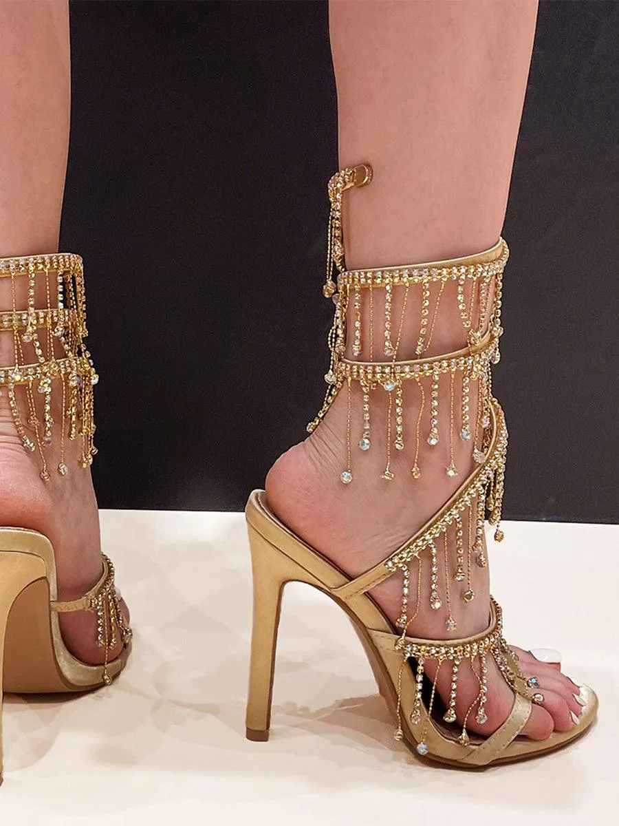 Rhinestone Studded Tassel Wrap High Heels MHE1079
