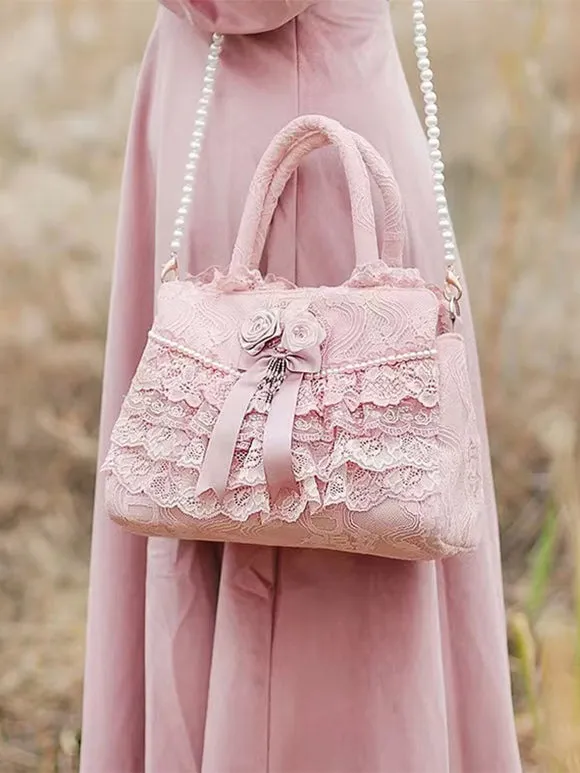 ROCOCO Style Lolita Bag White Polyester Flowers Ruffles Polyester Cross-body Bag Lolita Accessories