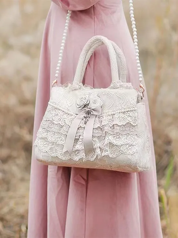 ROCOCO Style Lolita Bag White Polyester Flowers Ruffles Polyester Cross-body Bag Lolita Accessories