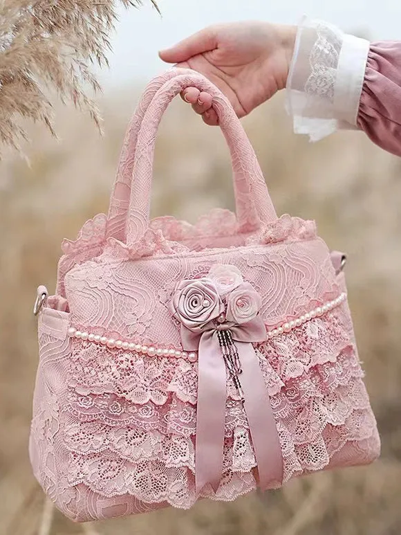 ROCOCO Style Lolita Bag White Polyester Flowers Ruffles Polyester Cross-body Bag Lolita Accessories