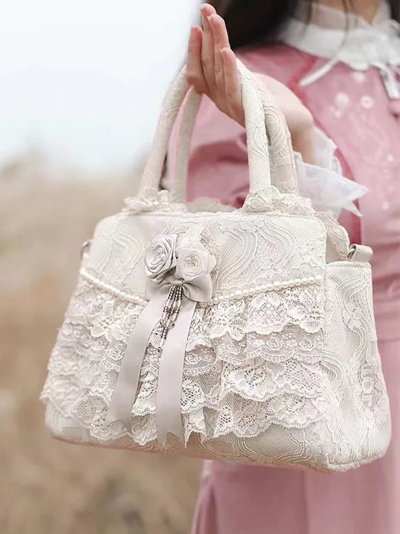 ROCOCO Style Lolita Bag White Polyester Flowers Ruffles Polyester Cross-body Bag Lolita Accessories