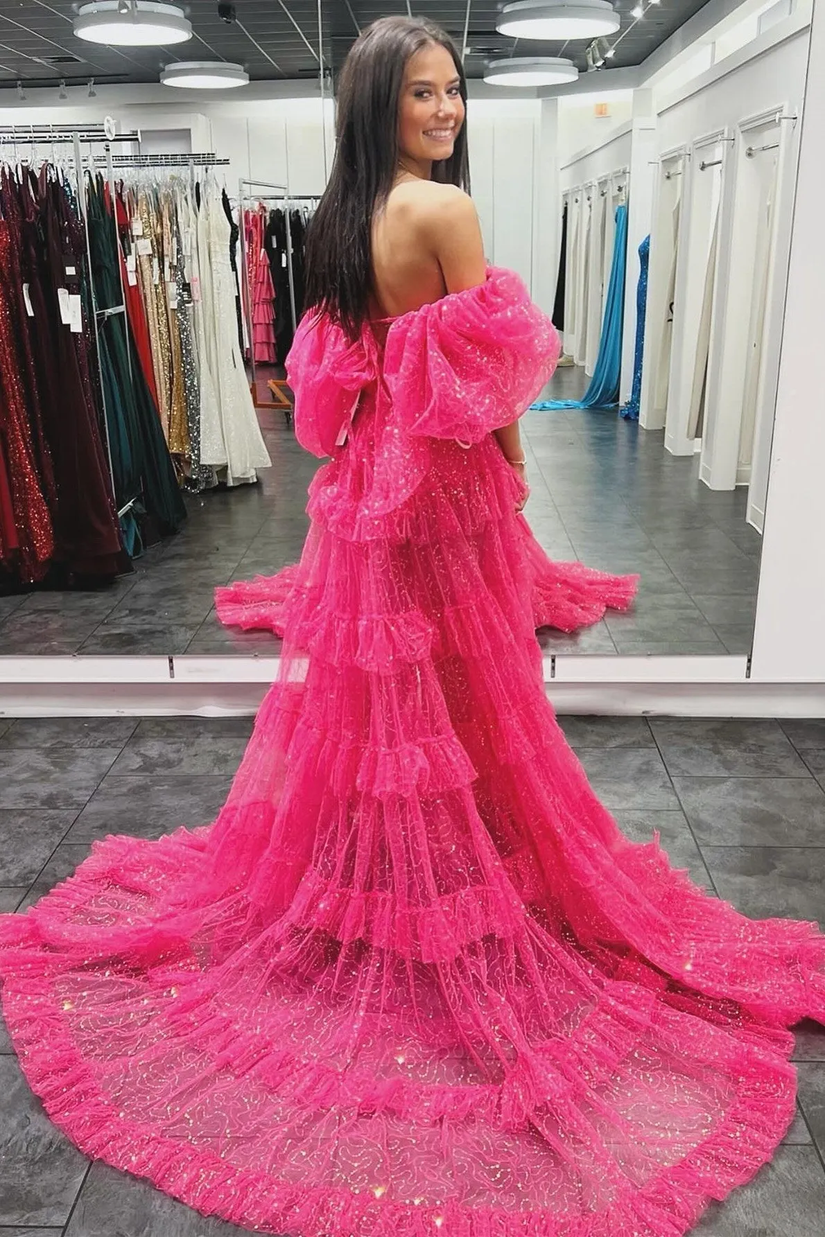 Roycebridal Two-Piece Puff Sleeve Ruffle Glitter Tulle Prom Dress with Slit