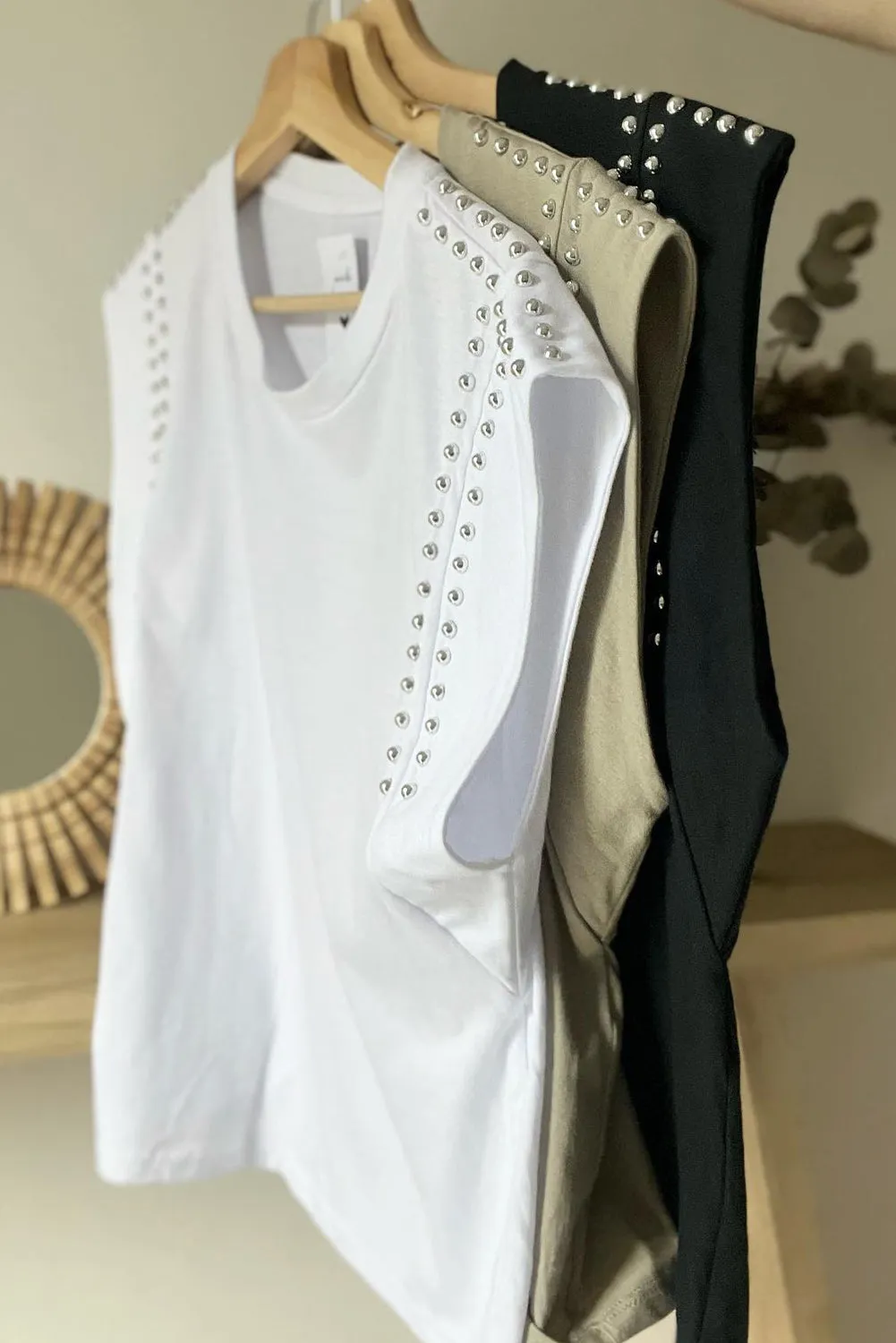 Sage Green Studded Short Sleeve Round Neck T Shirt