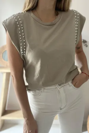 Sage Green Studded Short Sleeve Round Neck T Shirt