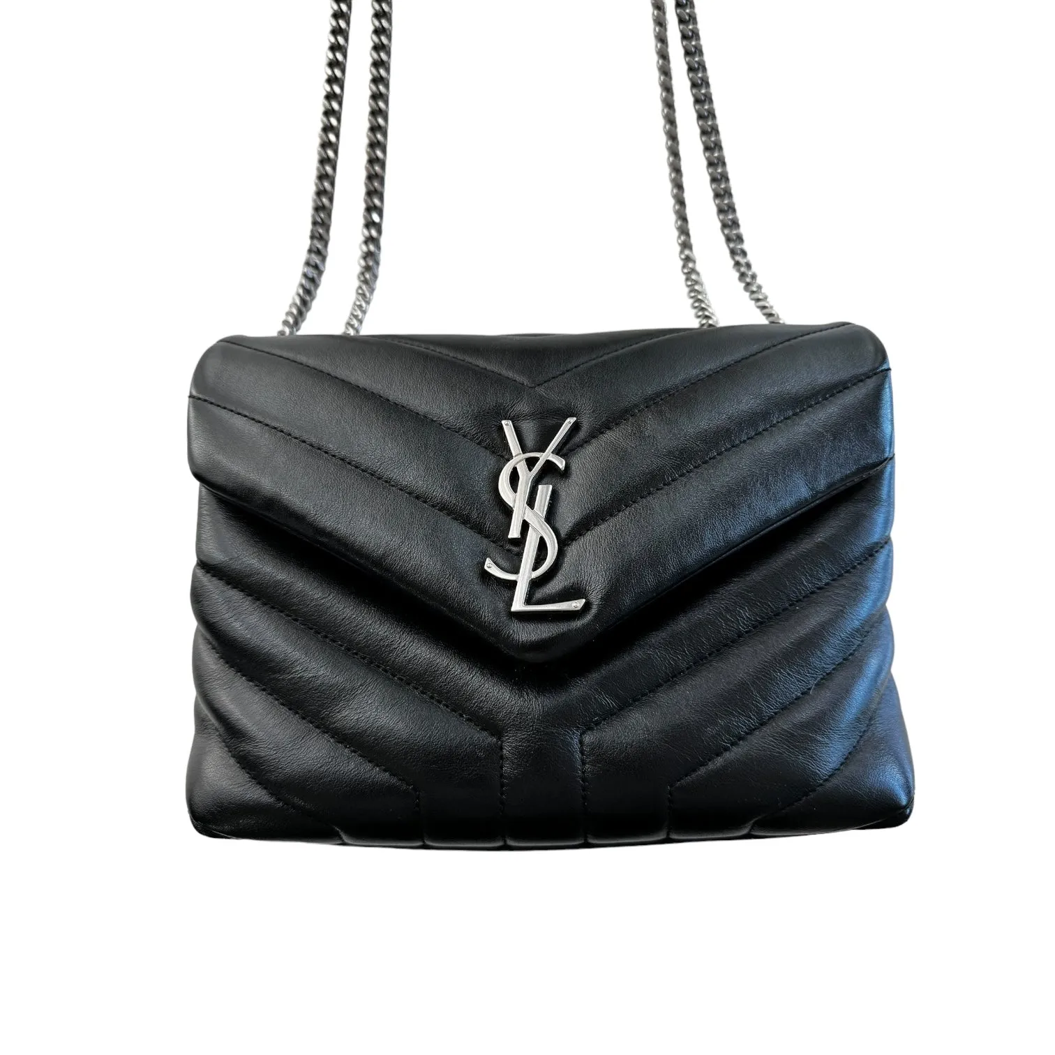 Saint Laurent Calfskin Quilted Monogram Small Loulou Chain Satchel Black