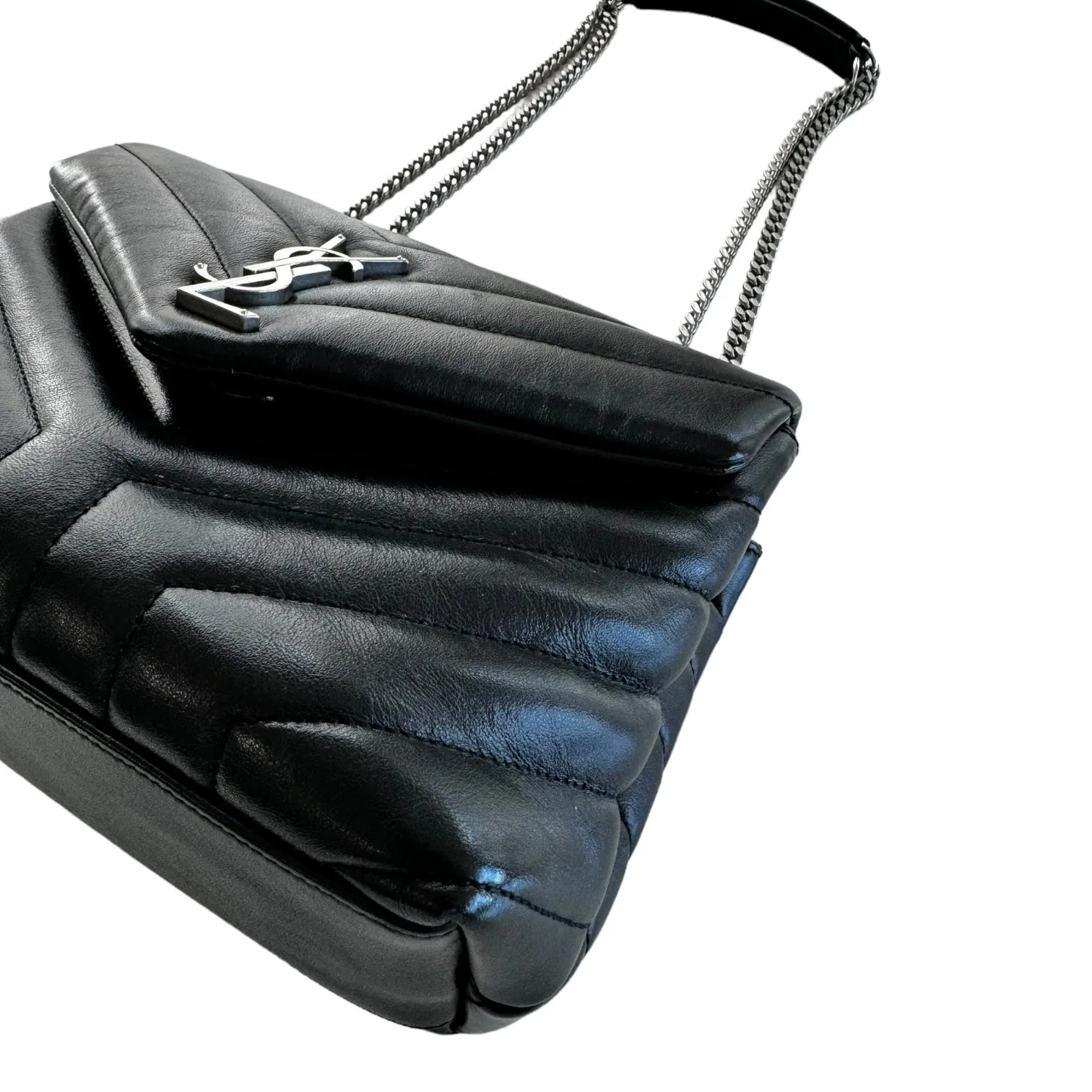 Saint Laurent Calfskin Quilted Monogram Small Loulou Chain Satchel Black