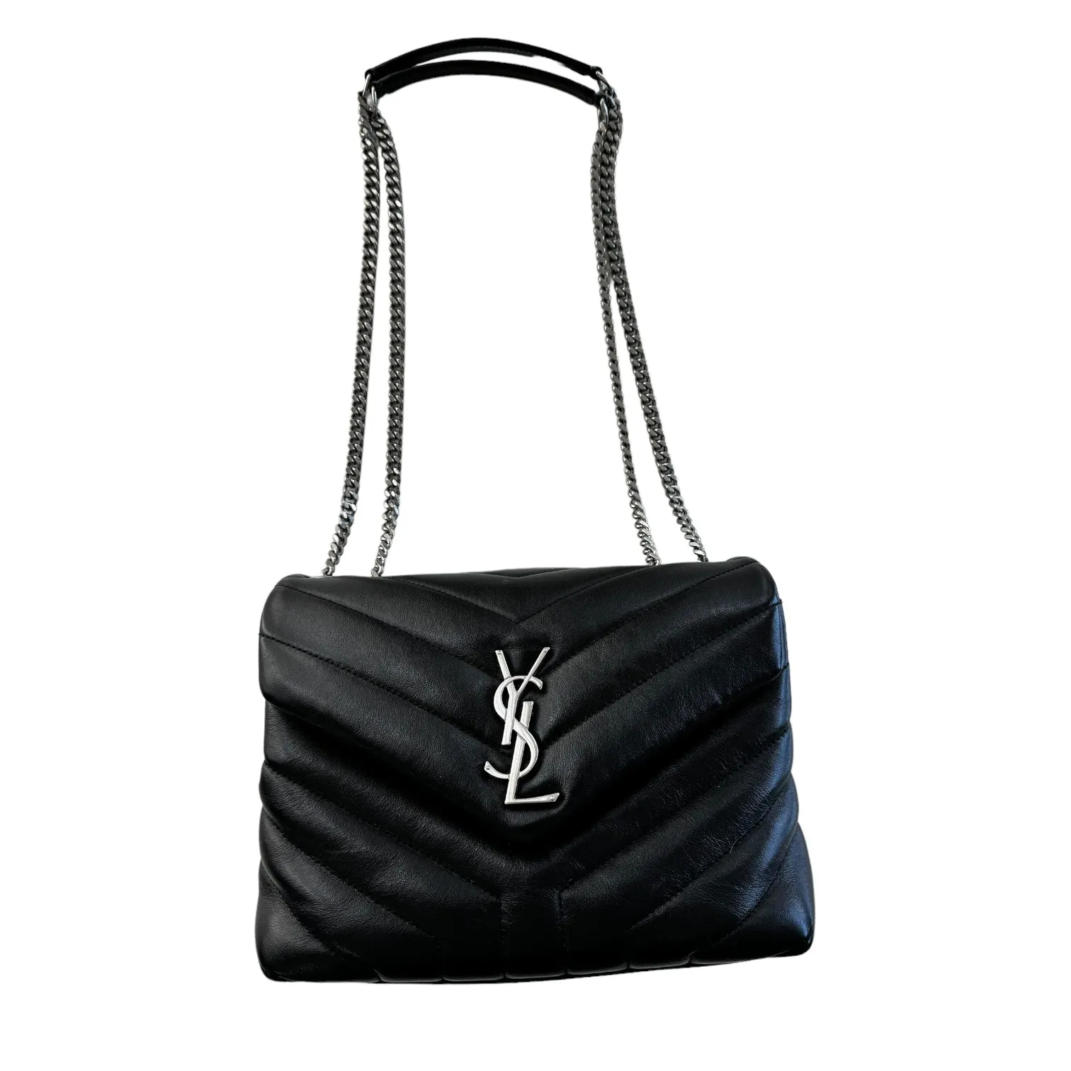 Saint Laurent Calfskin Quilted Monogram Small Loulou Chain Satchel Black