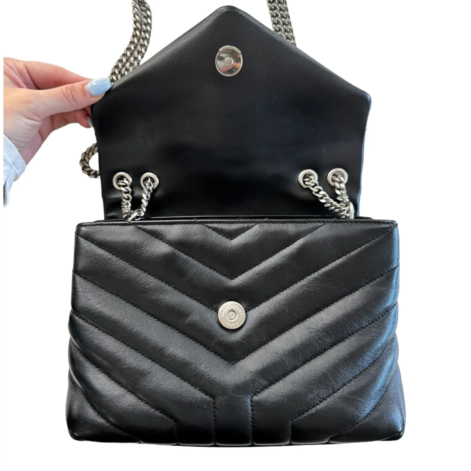 Saint Laurent Calfskin Quilted Monogram Small Loulou Chain Satchel Black