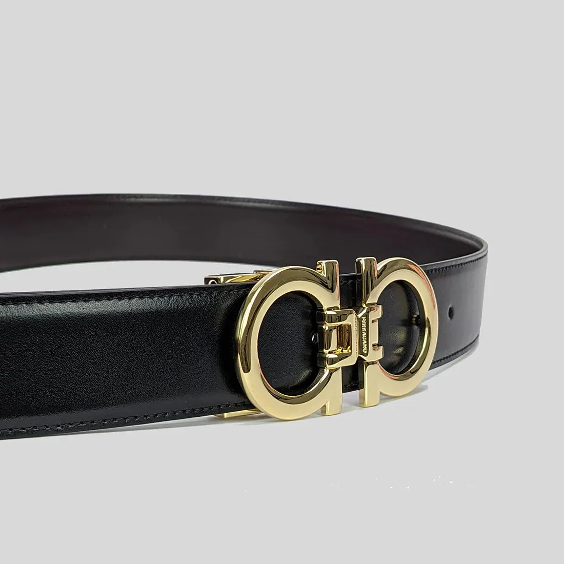 SALVATORE FERRAGAMO Men's Double Gancini Adjustable and Reversible Belt NERO/T.MORO 95cm RS-772402