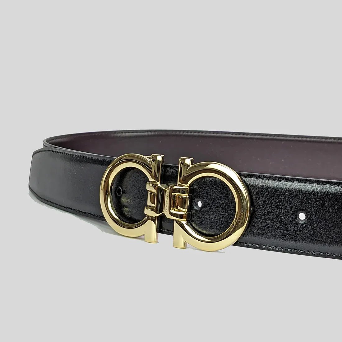 SALVATORE FERRAGAMO Men's Double Gancini Adjustable and Reversible Belt NERO/T.MORO 95cm RS-772402