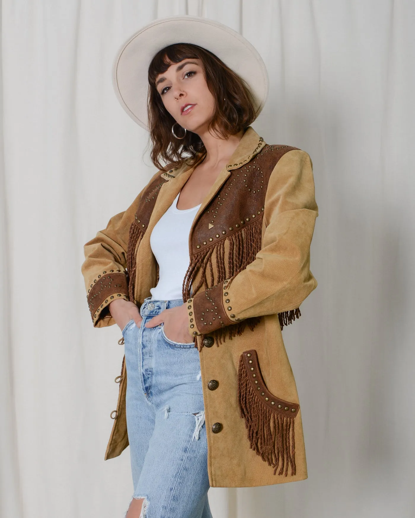 Scully Two Tone Studded Fringe Suede Jacket