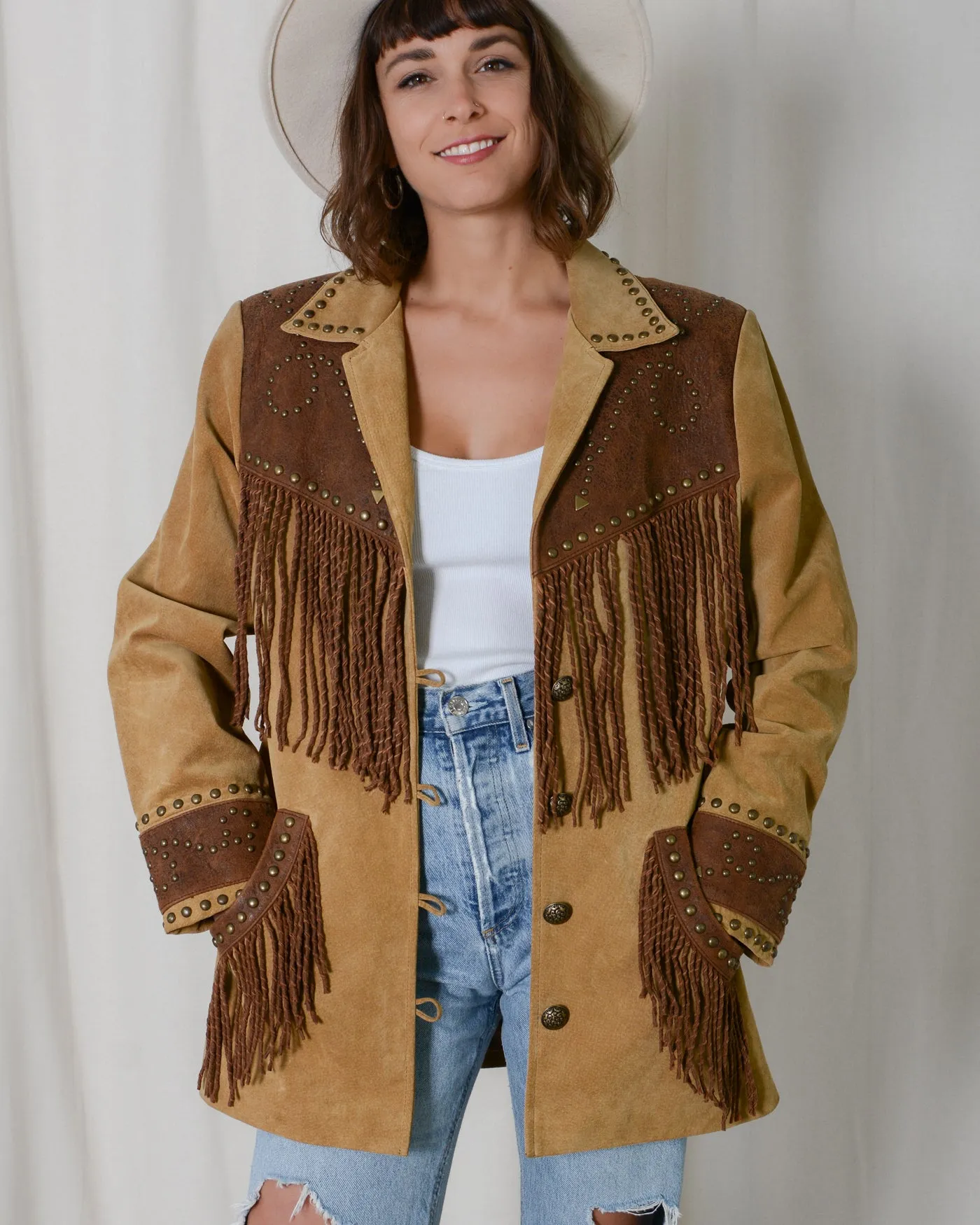 Scully Two Tone Studded Fringe Suede Jacket