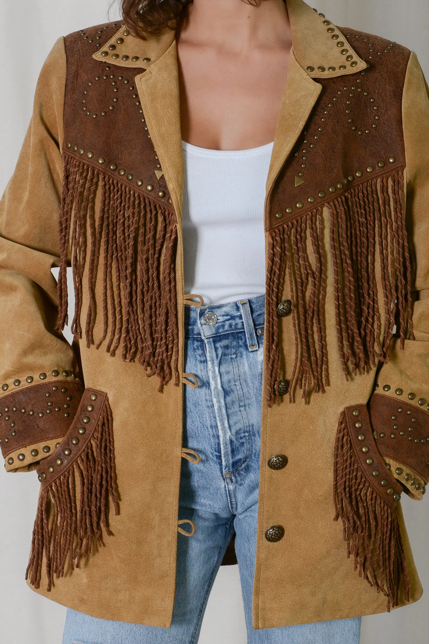 Scully Two Tone Studded Fringe Suede Jacket