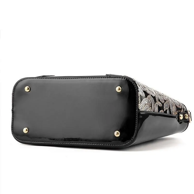 Sequin Embroidered Patent Leather Shoulder Bag