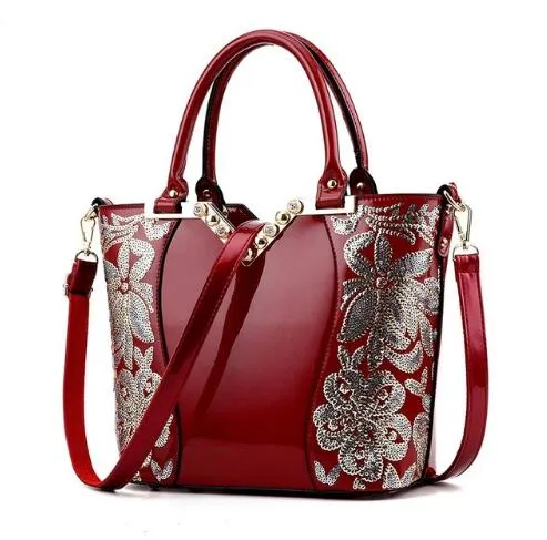 Sequin Embroidered Patent Leather Shoulder Bag