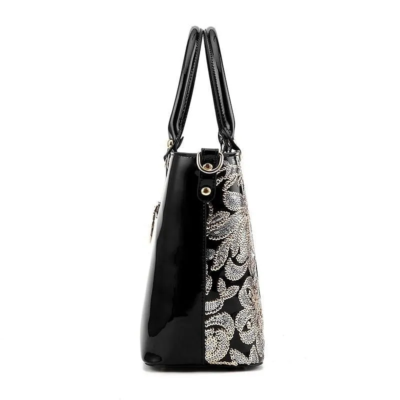 Sequin Embroidered Patent Leather Shoulder Bag