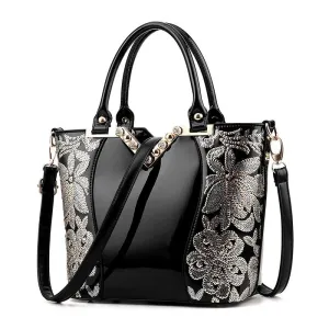 Sequin Embroidered Patent Leather Shoulder Bag