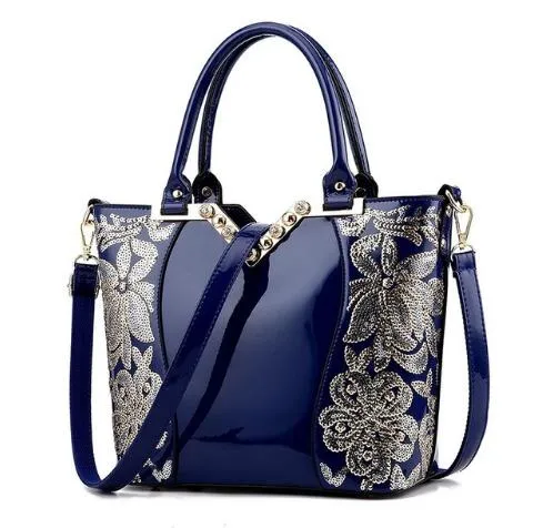 Sequin Embroidered Patent Leather Shoulder Bag