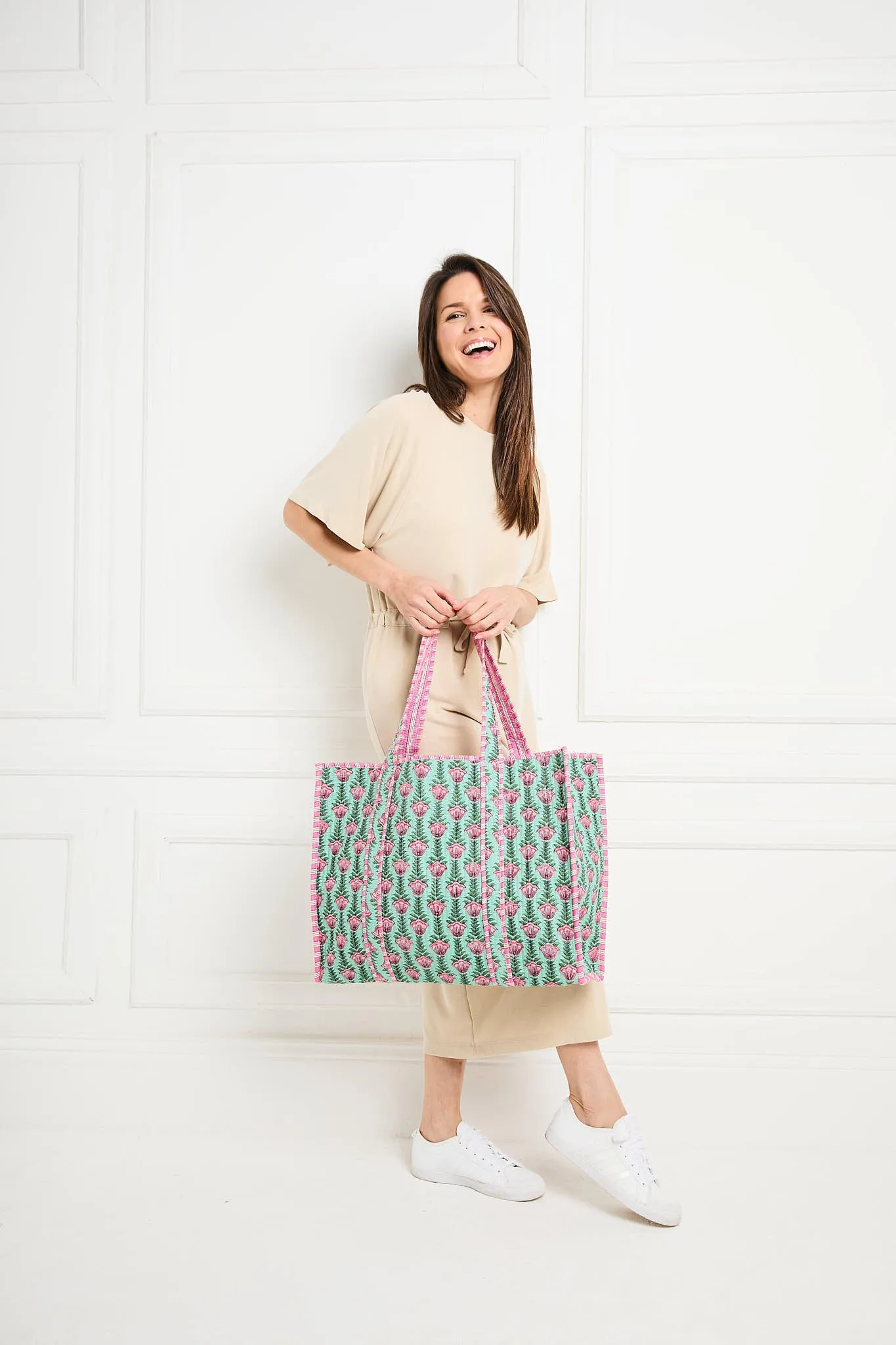 Serendipity Cotton Quilted Tote - Lt Green Lotus