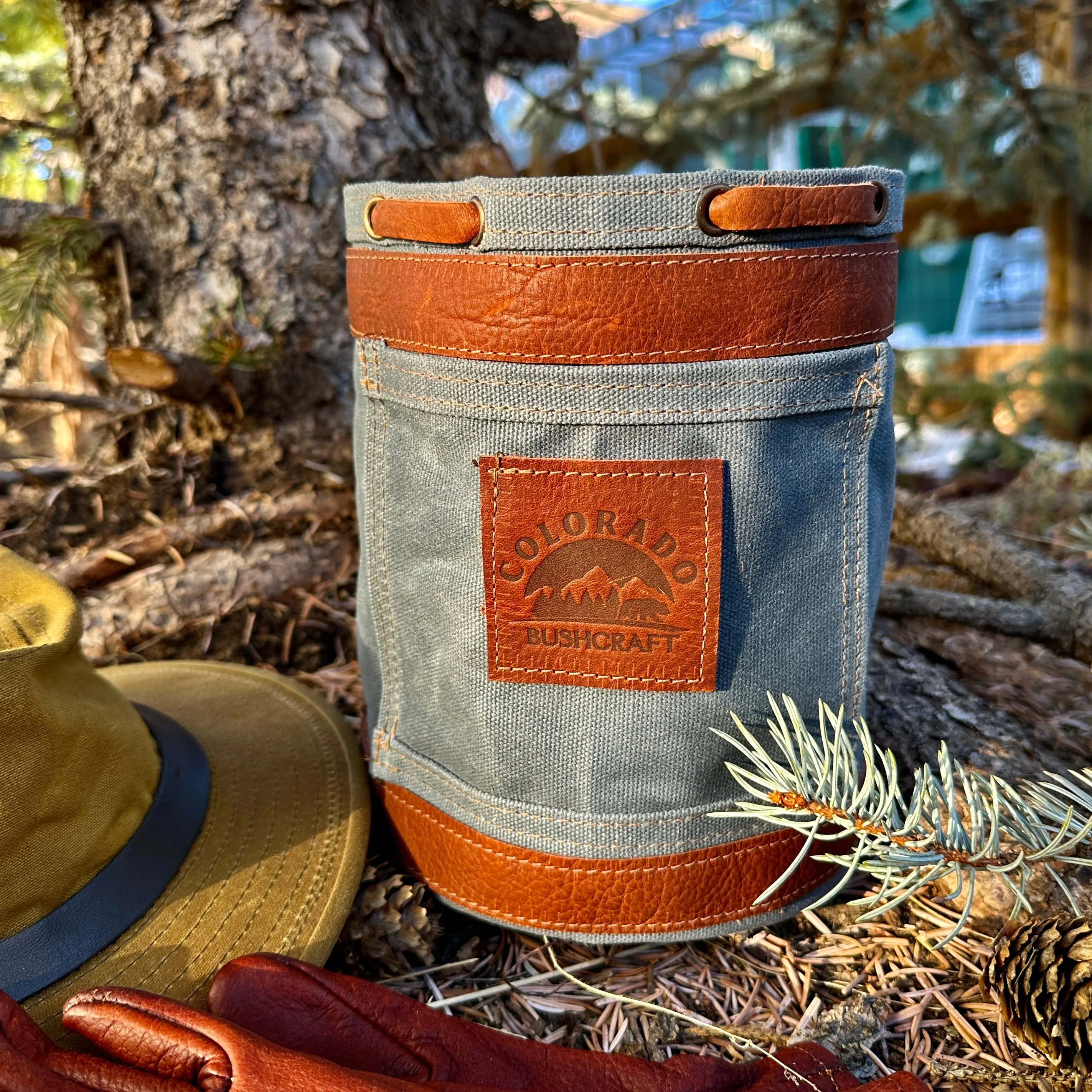 Settlers Collection:  Waxed Canvas and Leather Prairie Bucket Bushcraft Survival Camping Possibles Dopp Grooming