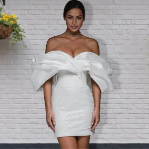 Sheath Glitter Short Off-the-Shoulder Wedding Dress With Lace-Up Back