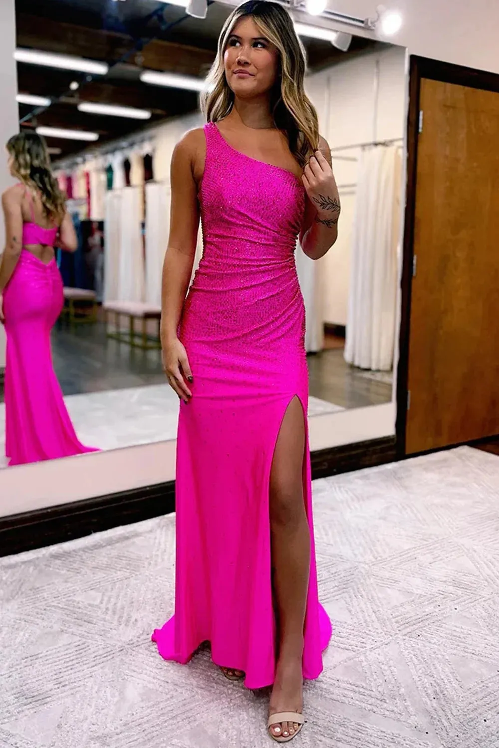 Sheath One Shoulder Black Long Prom Dress with Beading