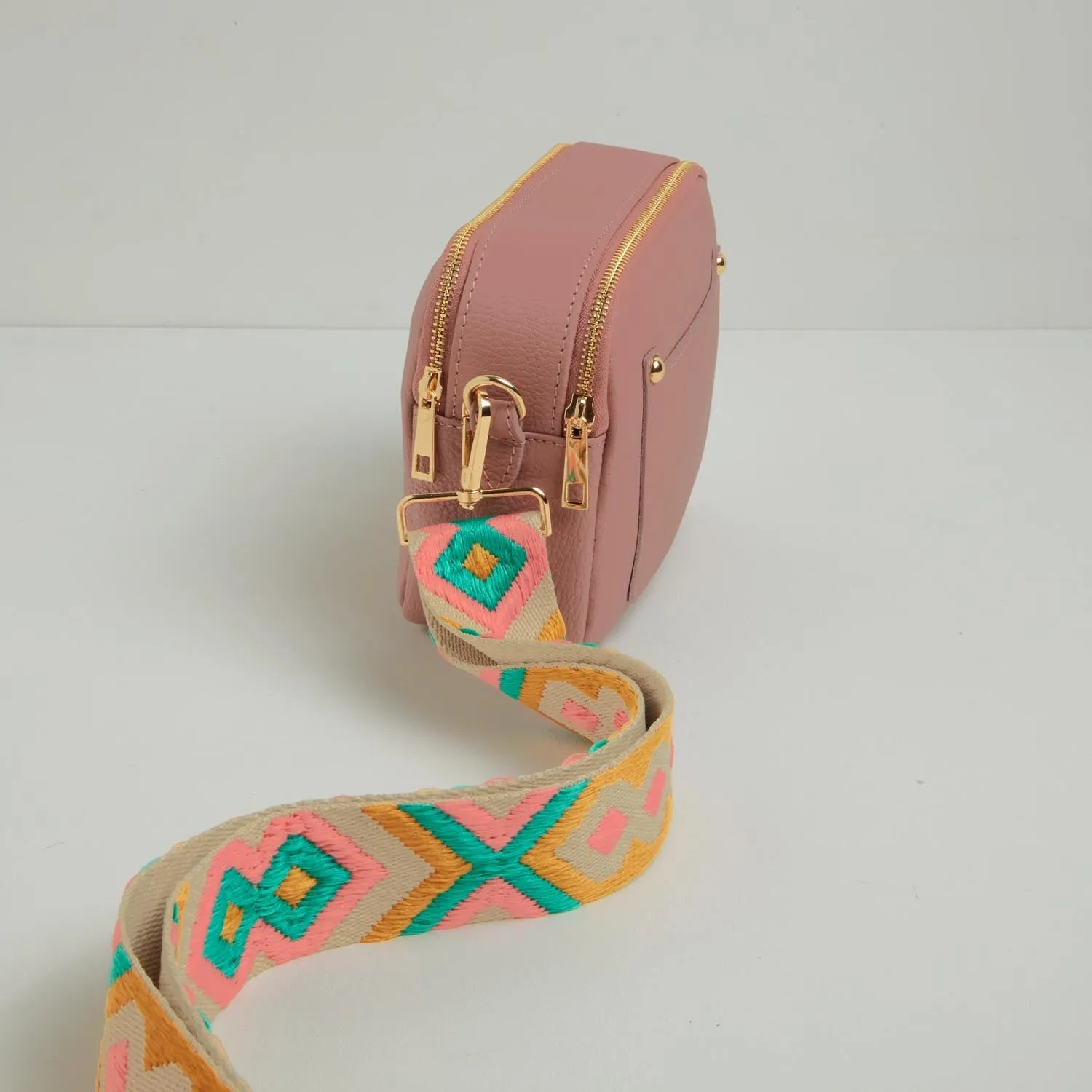 Sienna Crossbody Bag in Antique Pink with Mustard and Pink Bohemian Strap