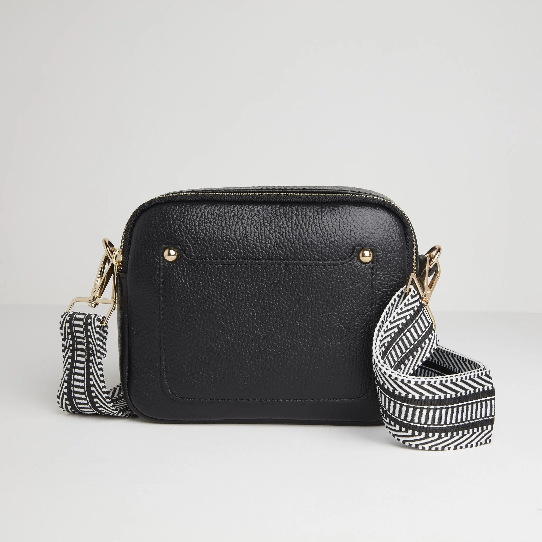 Sienna Crossbody Bag in Black with Black and White Chevron Strap