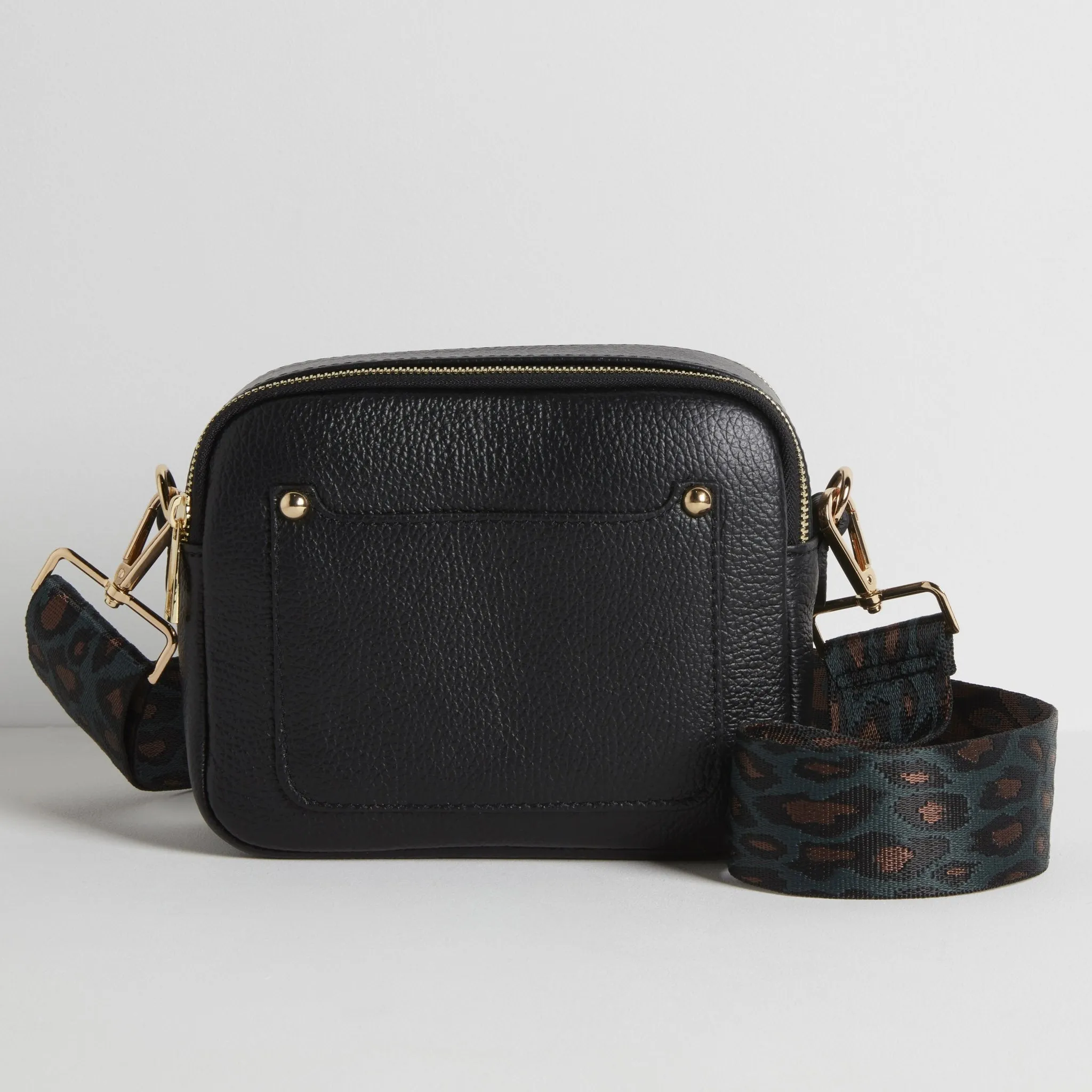 Sienna Crossbody Bag in Black with Teal and Brown Leopard Strap