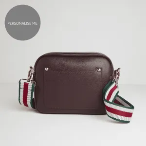 Sienna Crossbody Bag in Burgundy with Green Stripe Strap