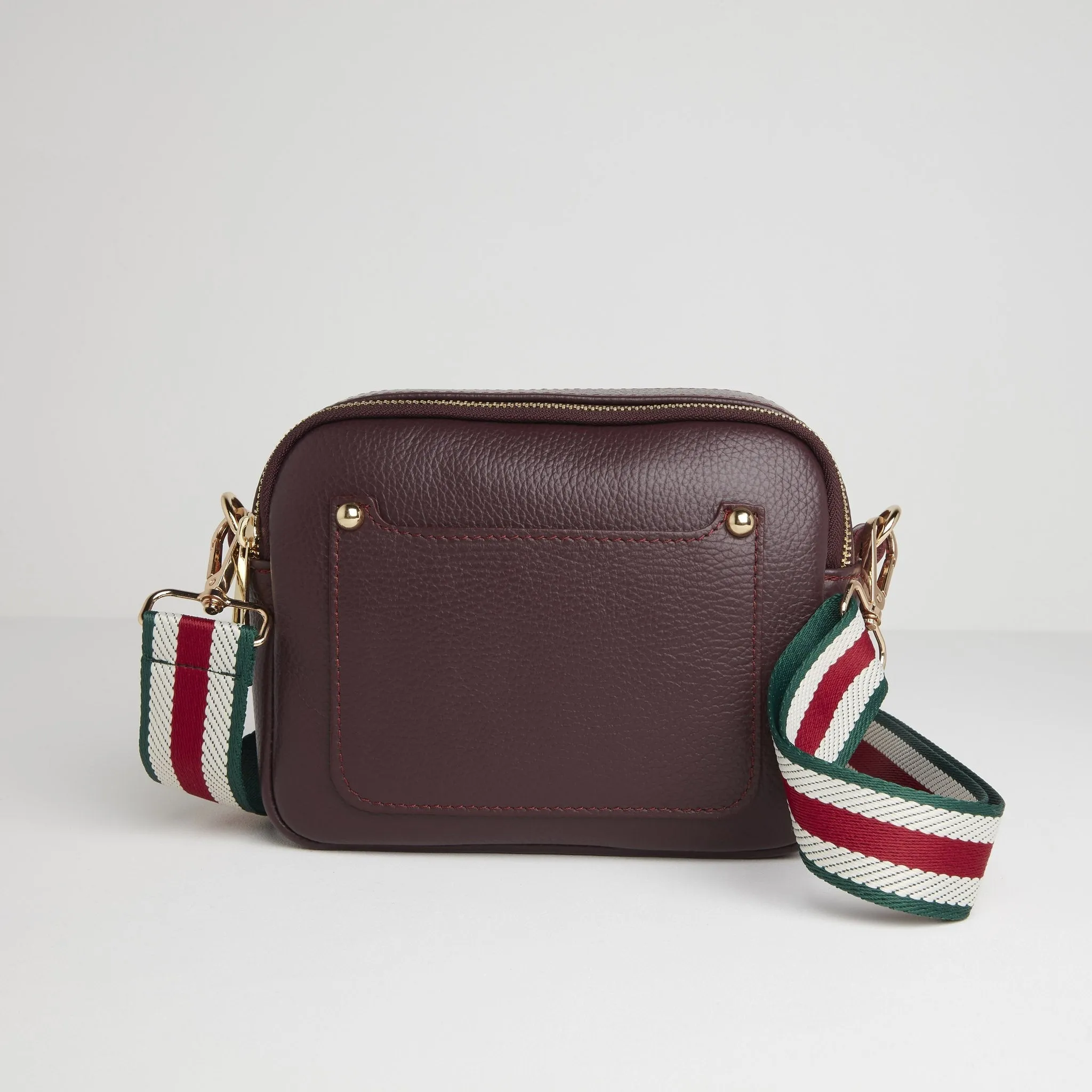 Sienna Crossbody Bag in Burgundy with Green Stripe Strap