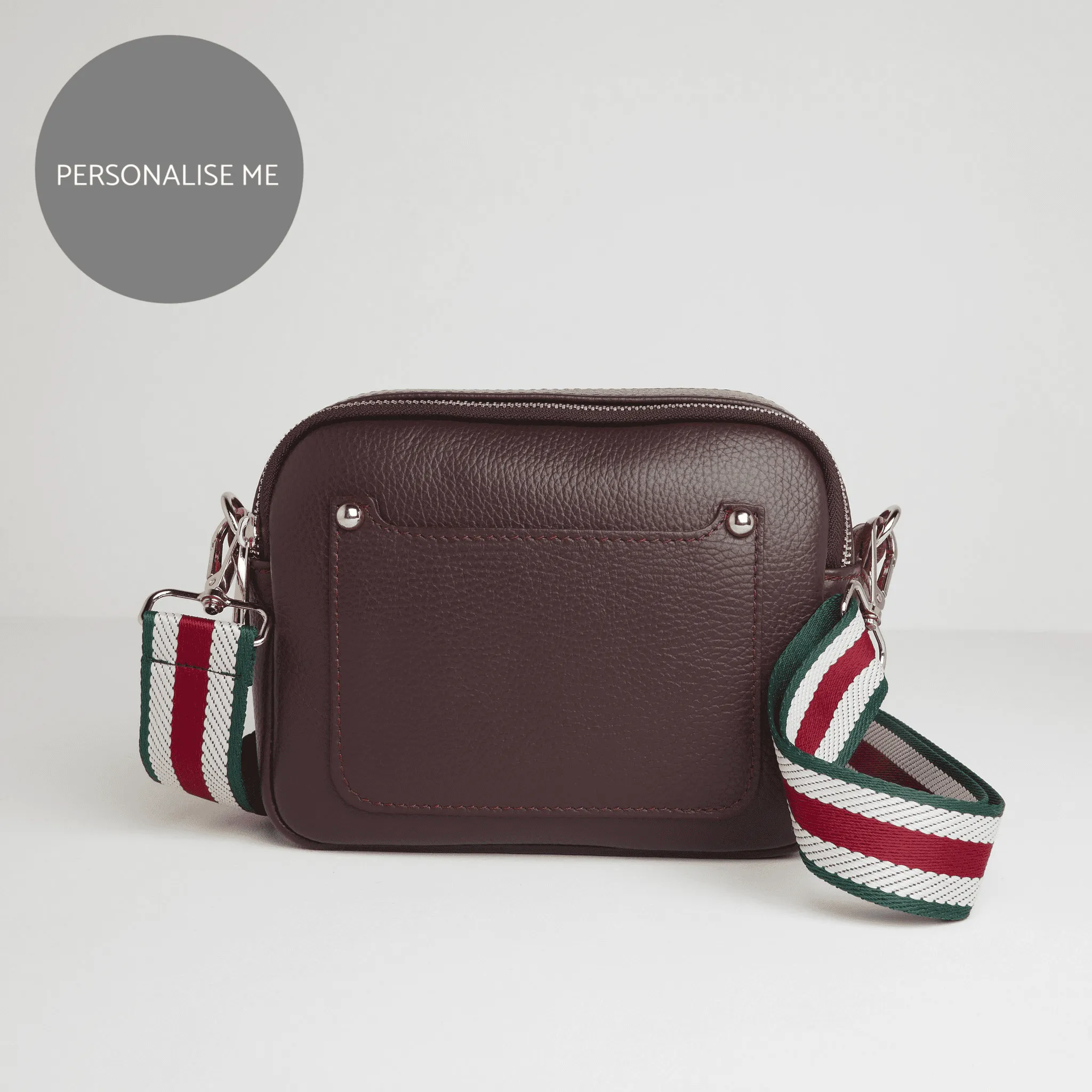 Sienna Crossbody Bag in Burgundy with Green Stripe Strap