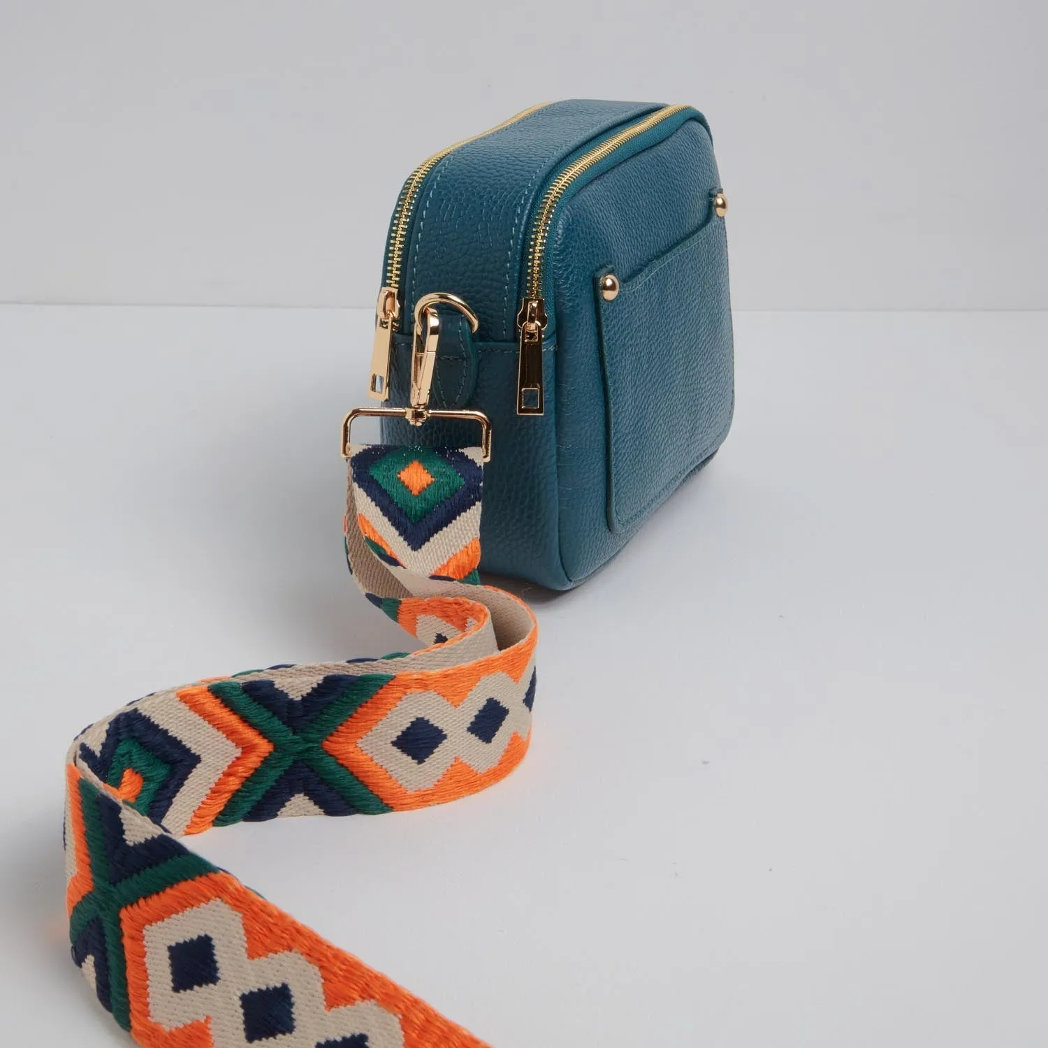 Sienna Crossbody Bag in Teal with Orange and Navy Boho Strap