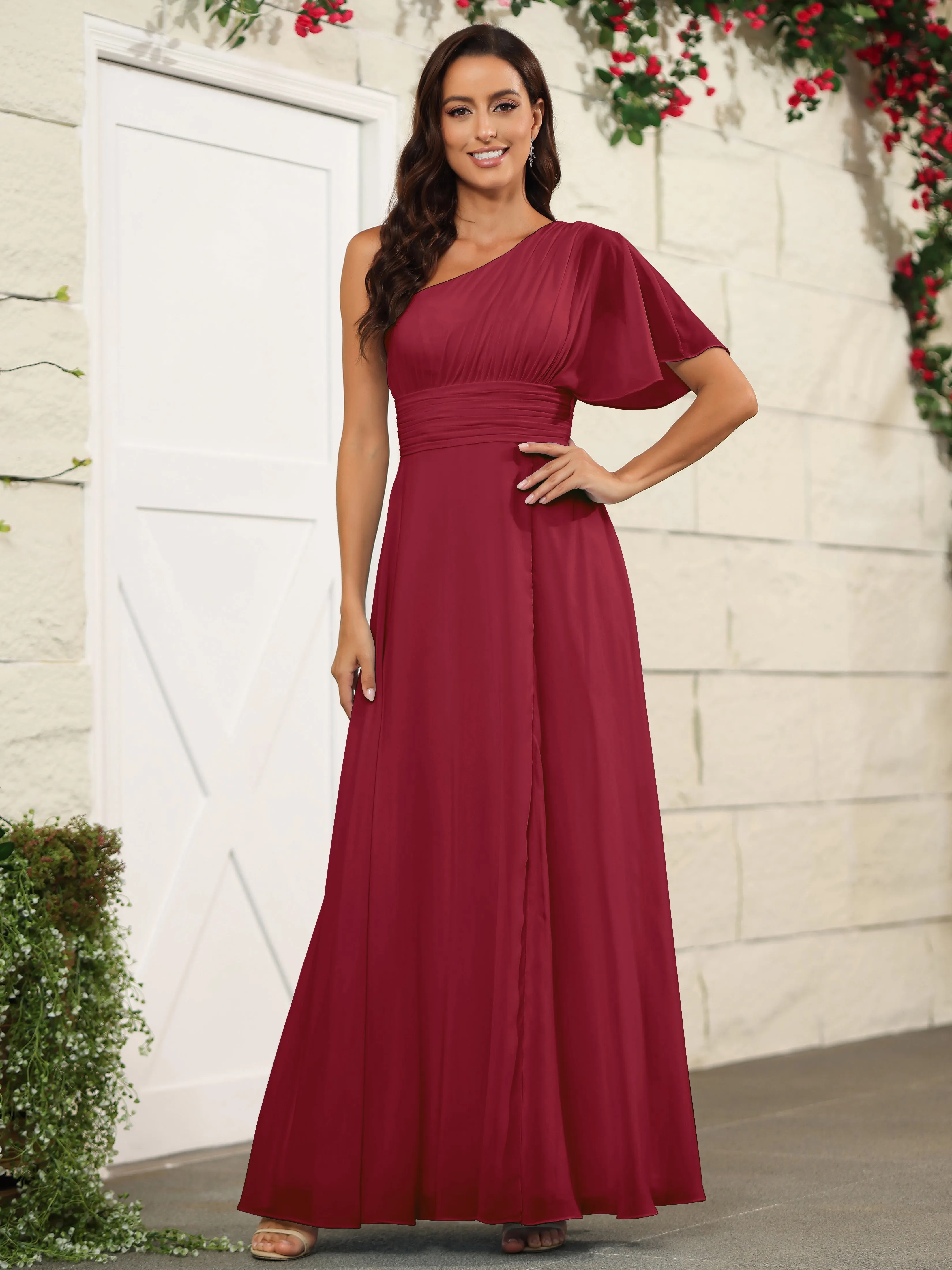 Simple One Shoulder Chiffon Floor Length Bridesmaid Dresses
