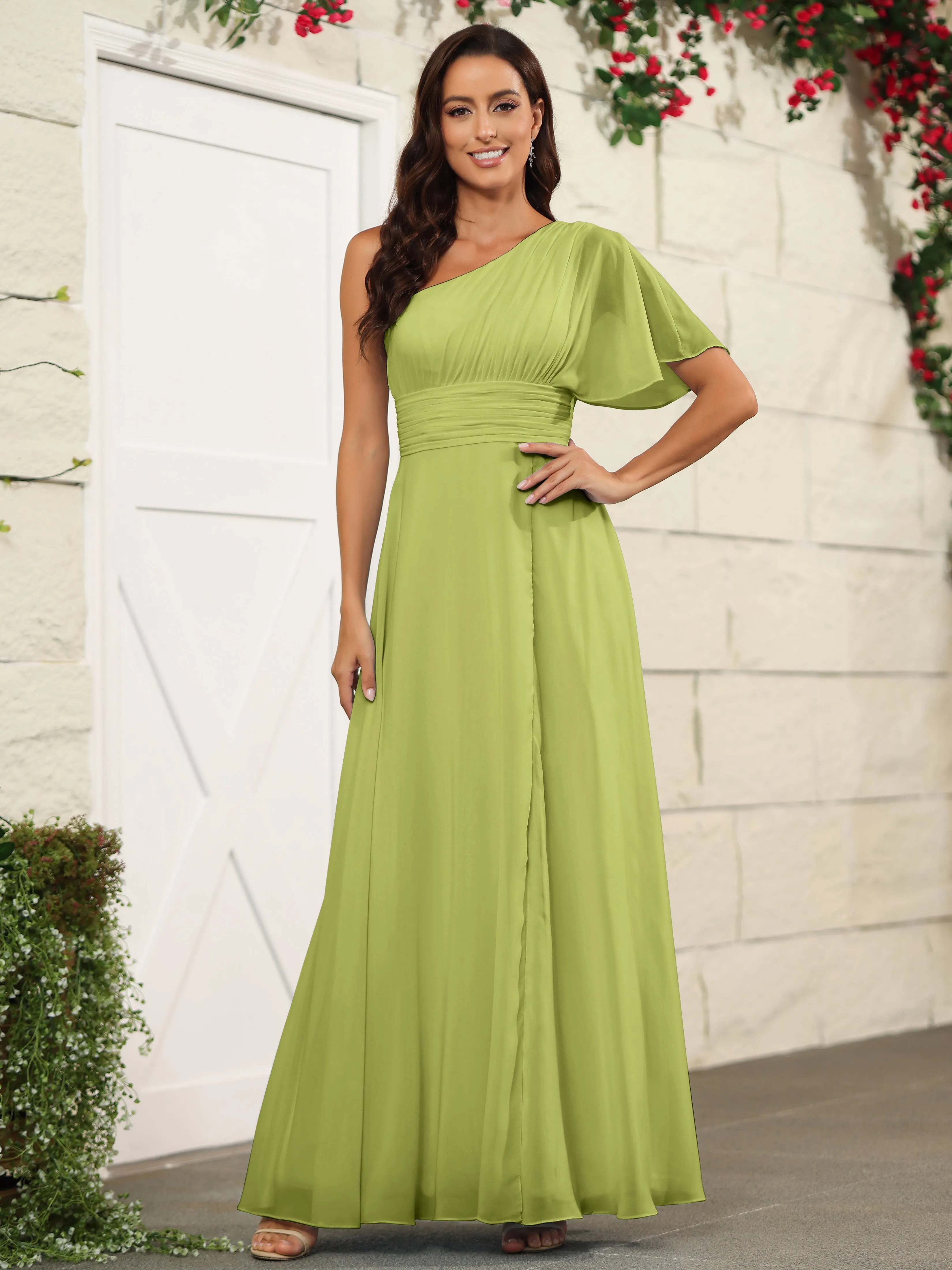 Simple One Shoulder Chiffon Floor Length Bridesmaid Dresses