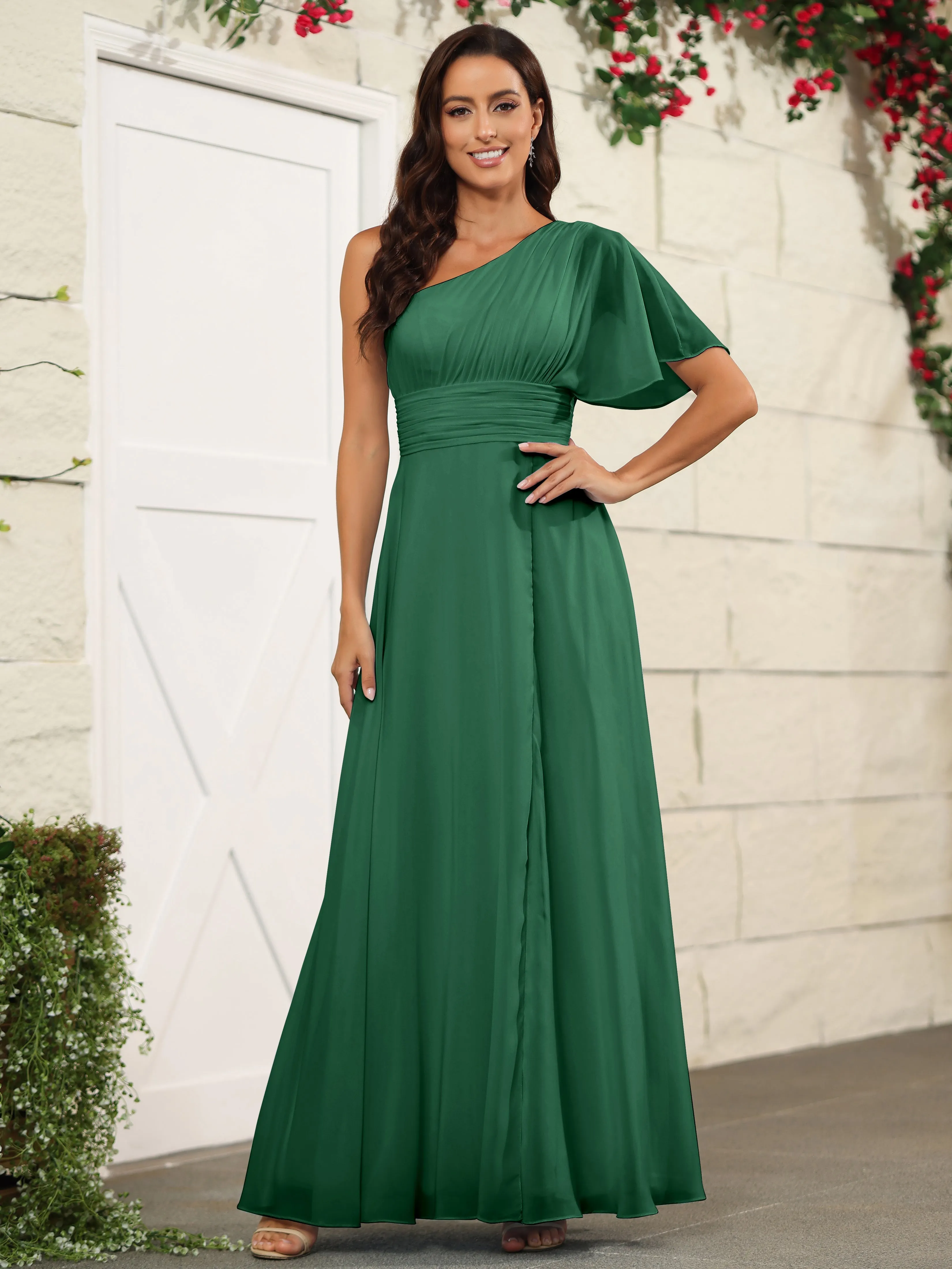Simple One Shoulder Chiffon Floor Length Bridesmaid Dresses