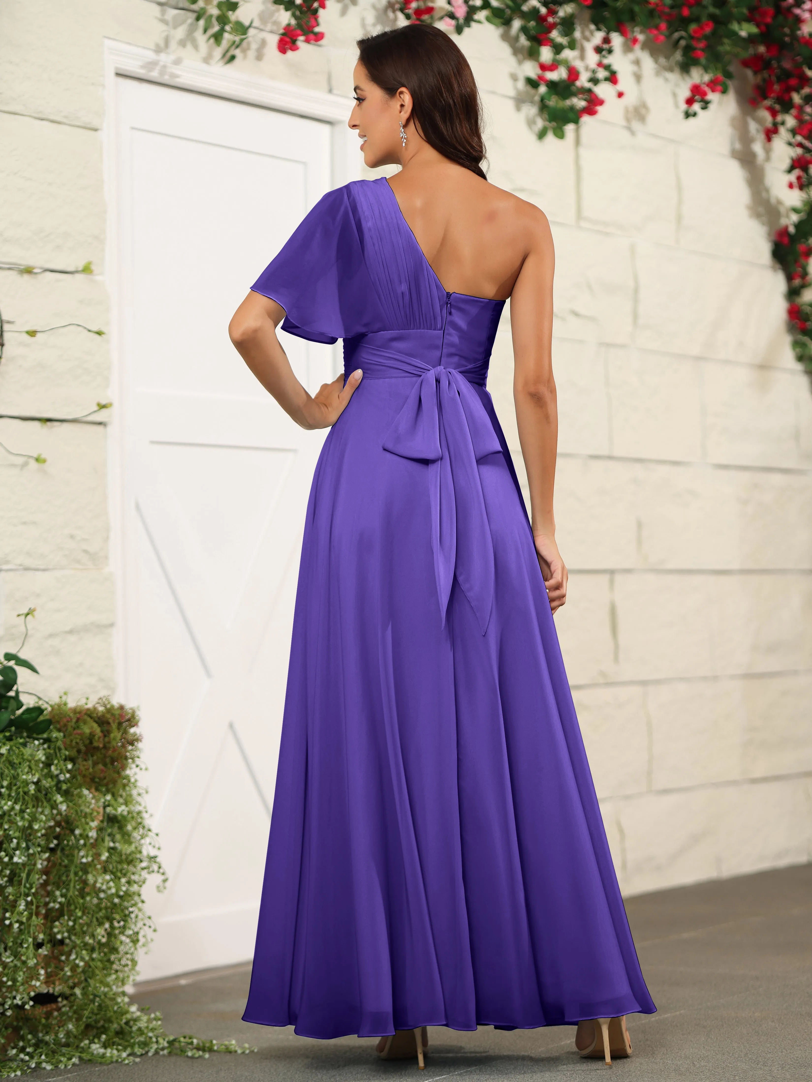 Simple One Shoulder Chiffon Floor Length Bridesmaid Dresses