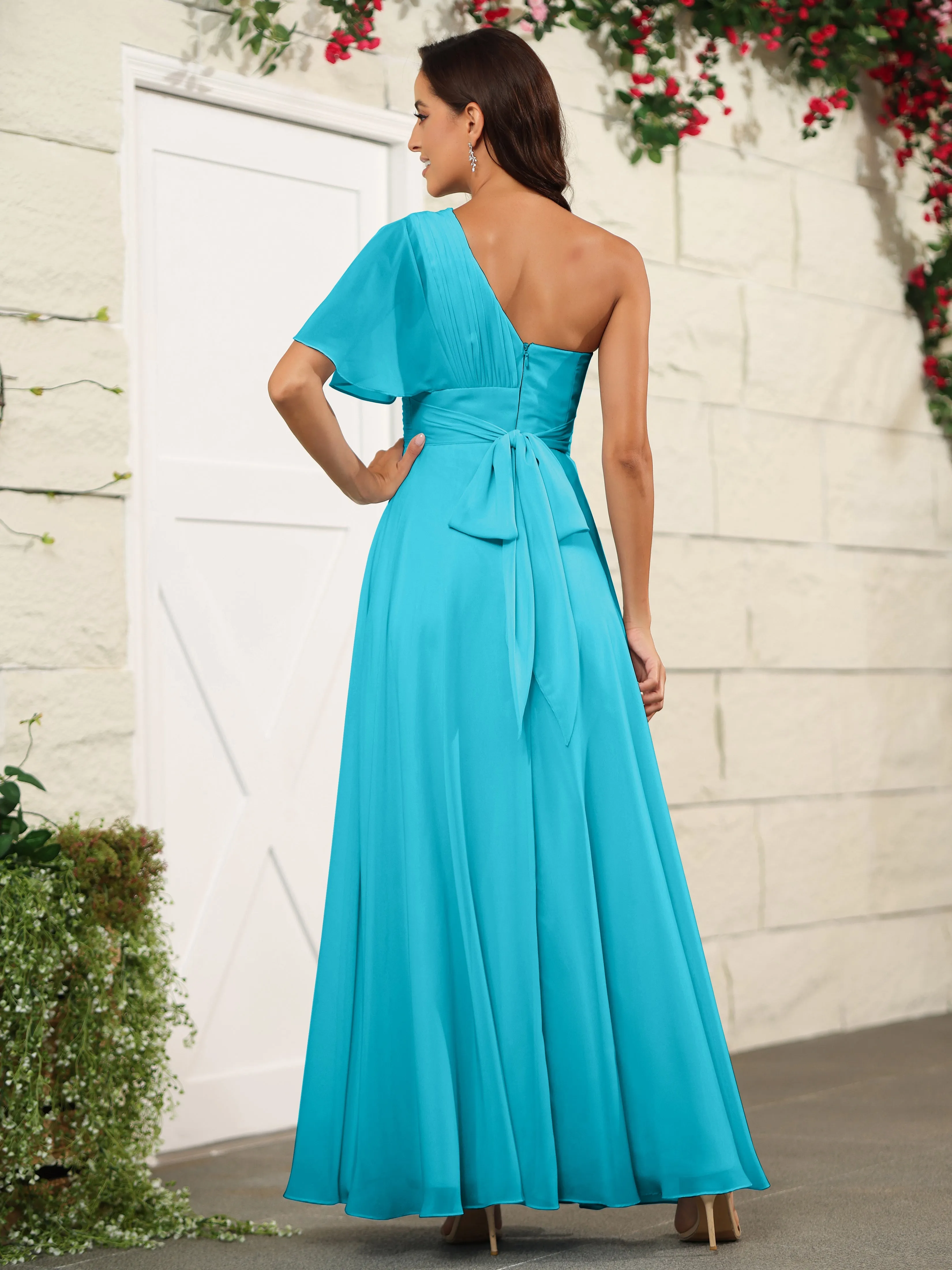Simple One Shoulder Chiffon Floor Length Bridesmaid Dresses