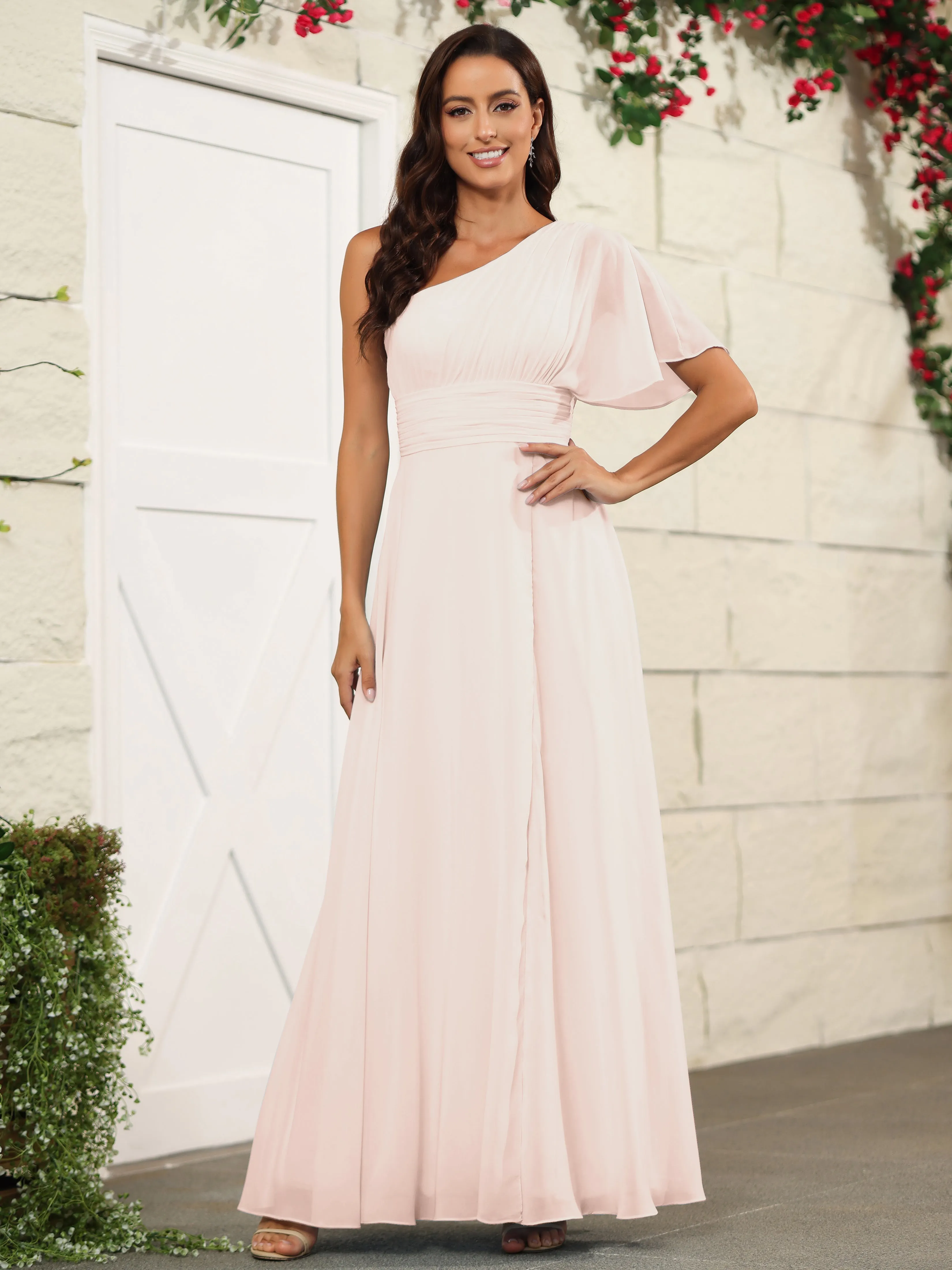 Simple One Shoulder Chiffon Floor Length Bridesmaid Dresses
