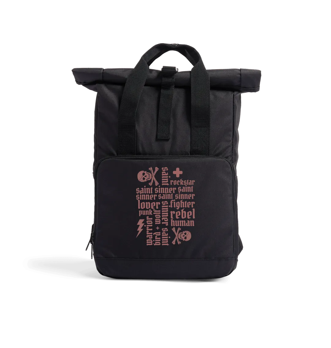 Sinner Saint   More Roll Top Recycled Rucksack (Rust Lettering)