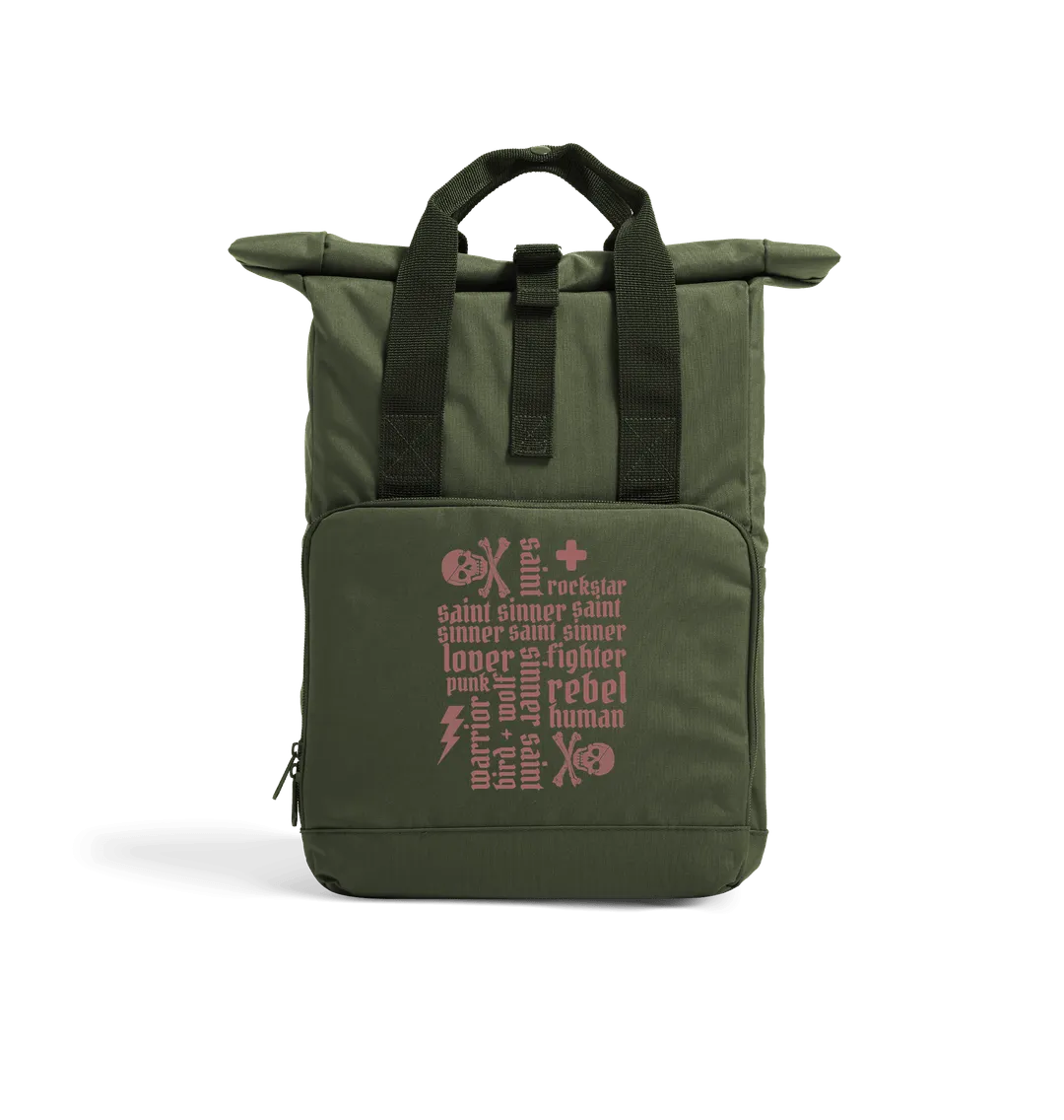 Sinner Saint   More Roll Top Recycled Rucksack (Rust Lettering)