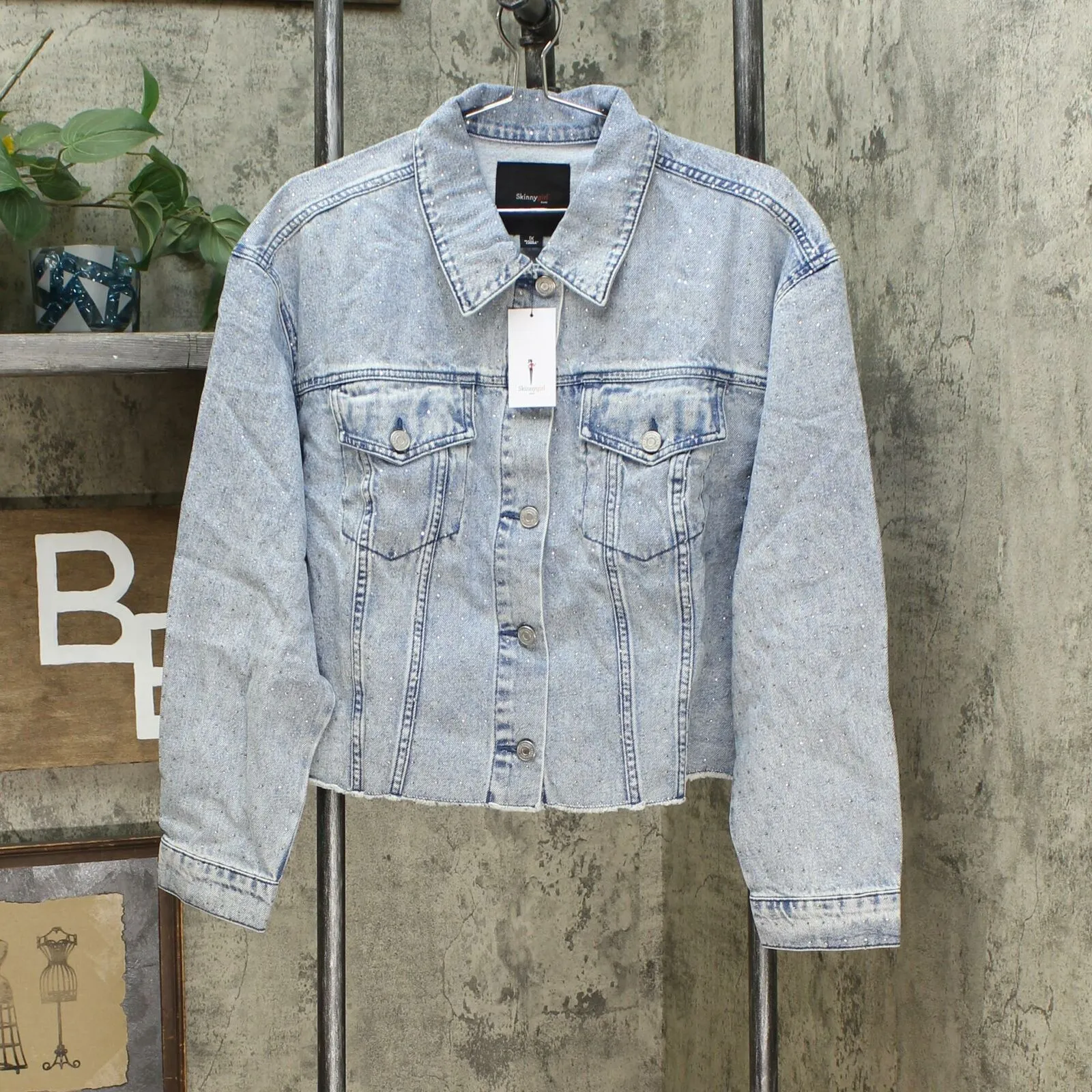 Skinnygirl Women's Plus Size Studded Cropped Denim Jean Jacket