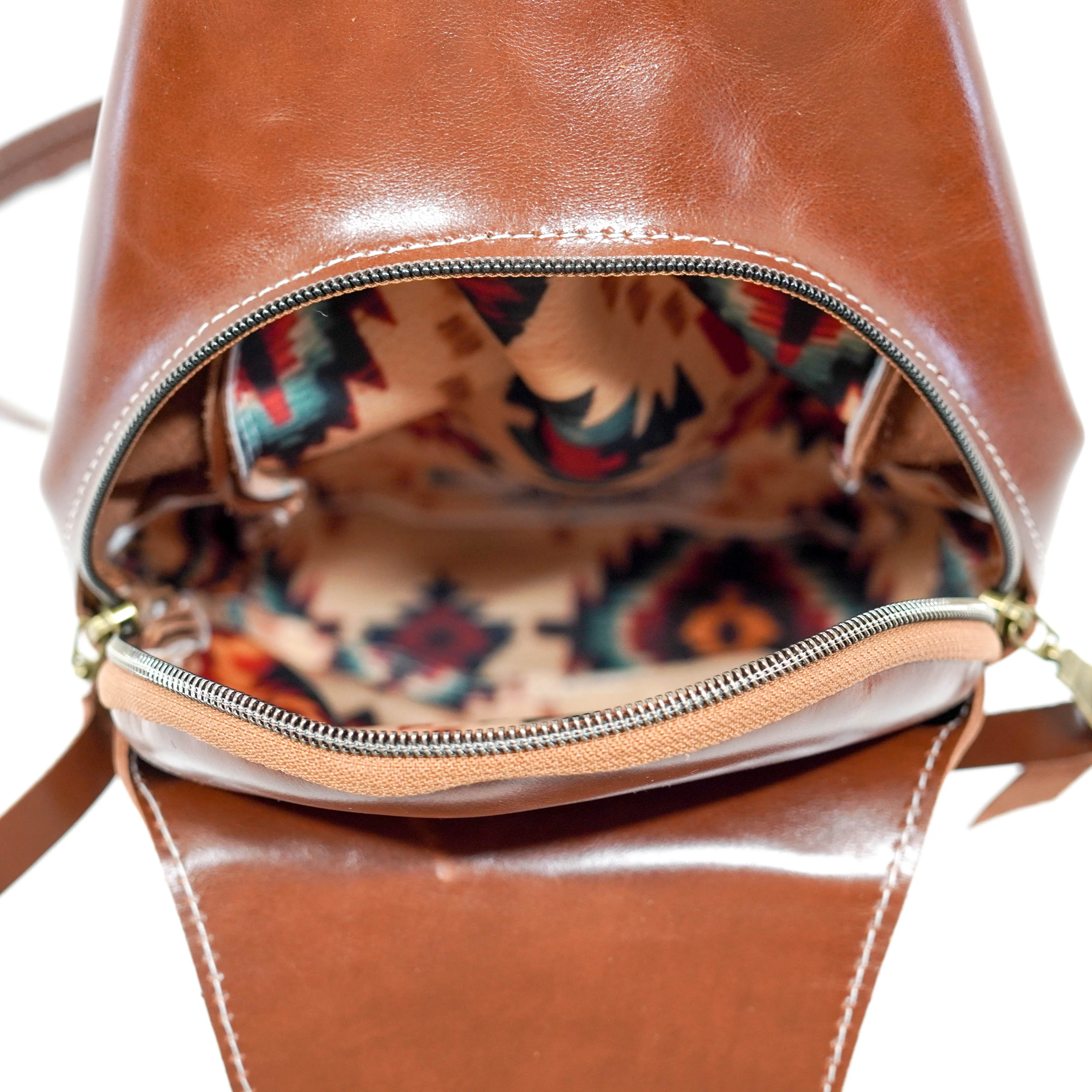 Sling Bag - Cognac Leather w/ Boot Stitch Embroidery