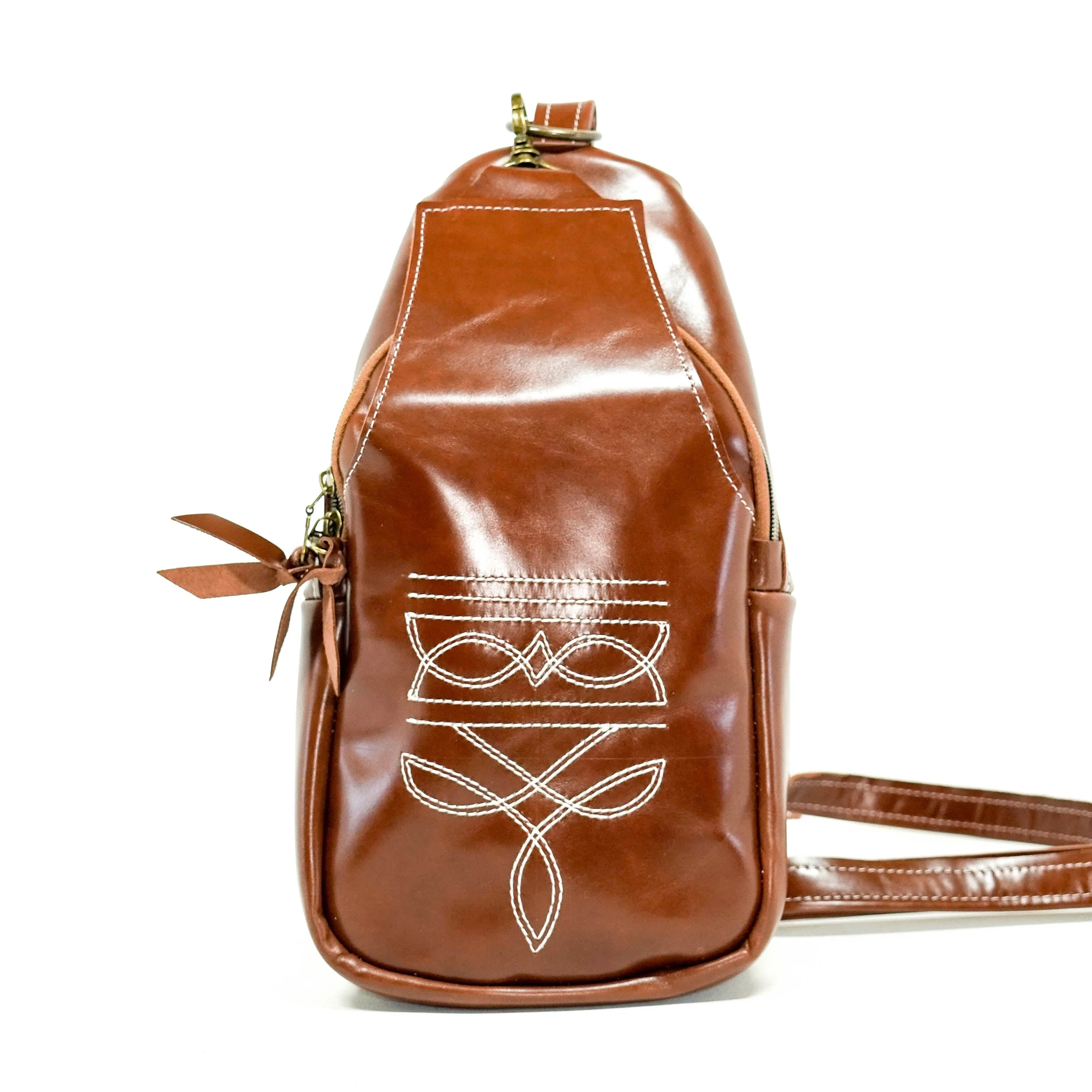 Sling Bag - Cognac Leather w/ Boot Stitch Embroidery
