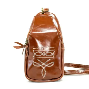Sling Bag - Cognac Leather w/ Boot Stitch Embroidery