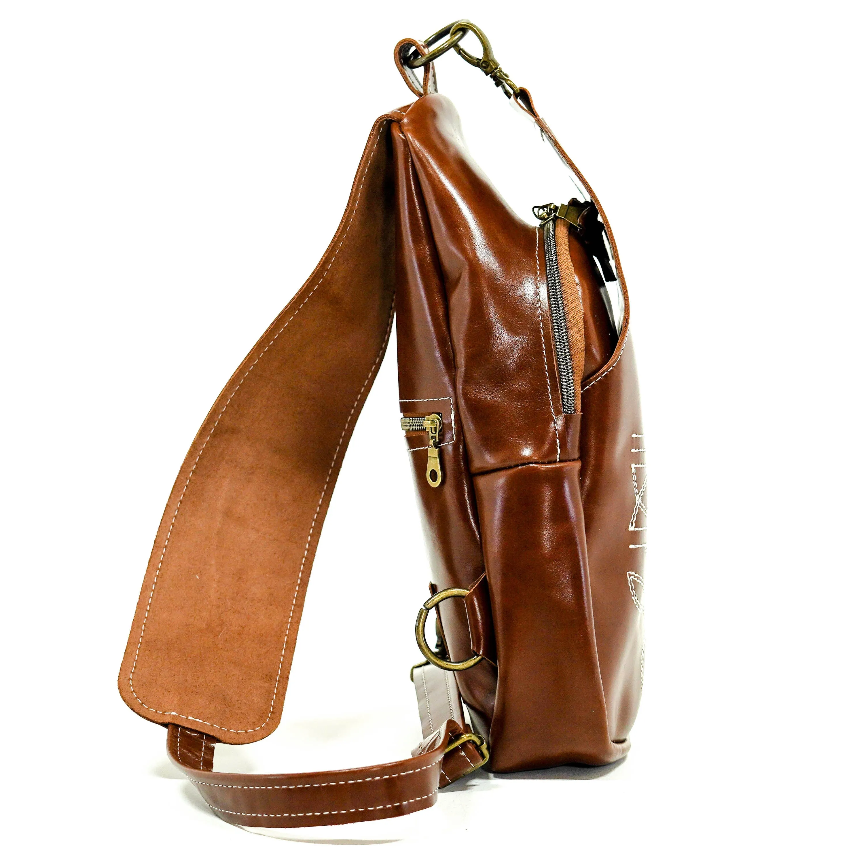 Sling Bag - Cognac Leather w/ Boot Stitch Embroidery