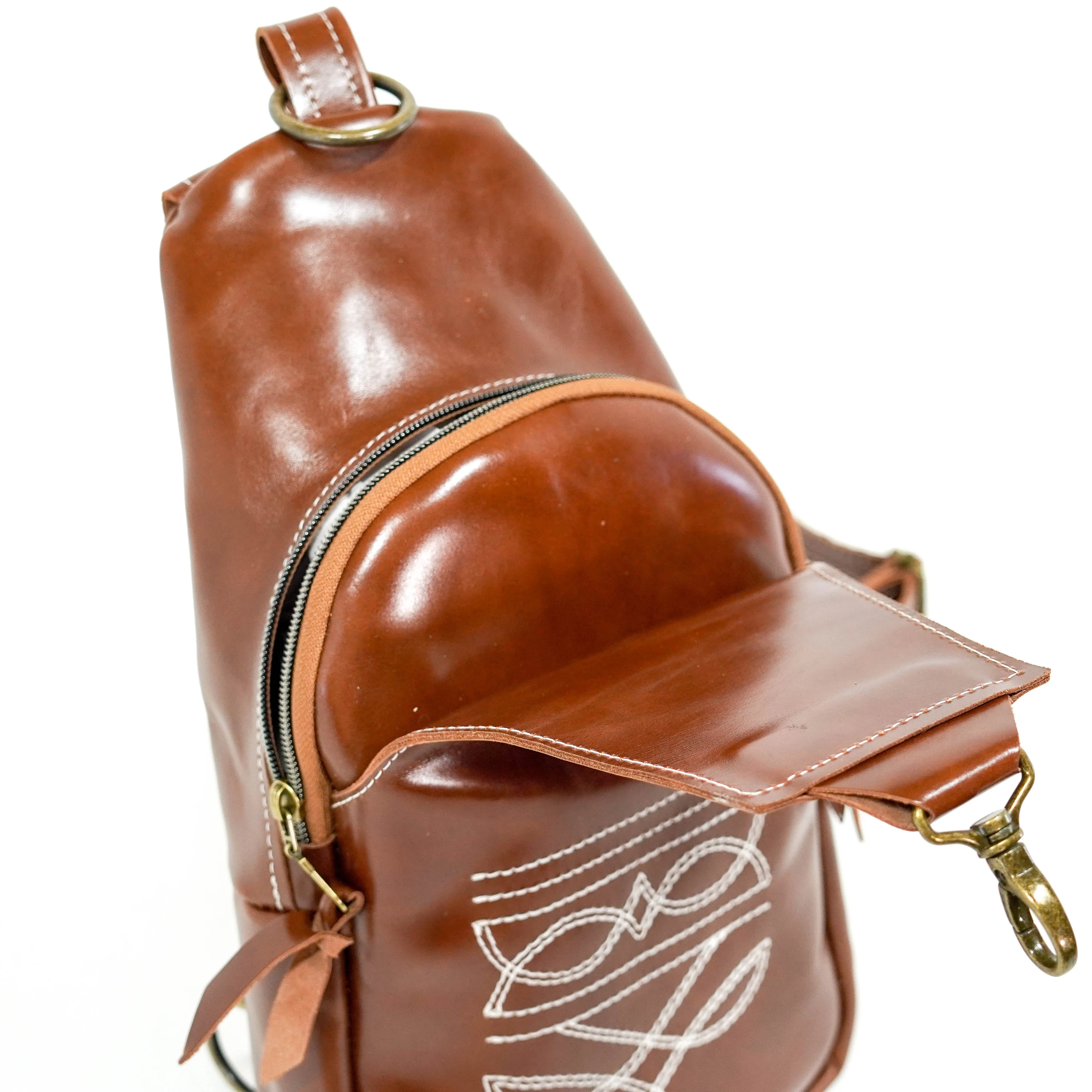 Sling Bag - Cognac Leather w/ Boot Stitch Embroidery