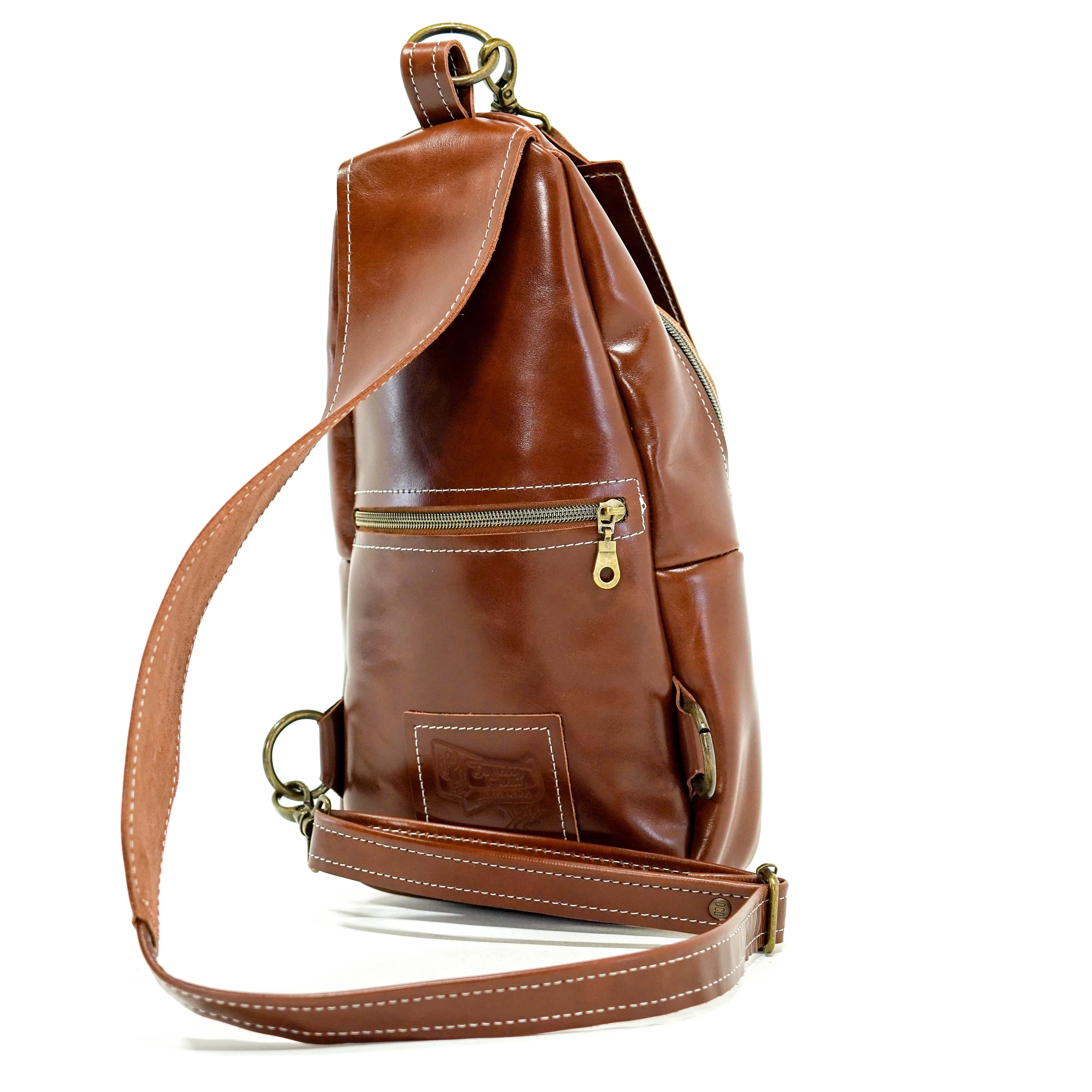 Sling Bag - Cognac Leather w/ Boot Stitch Embroidery