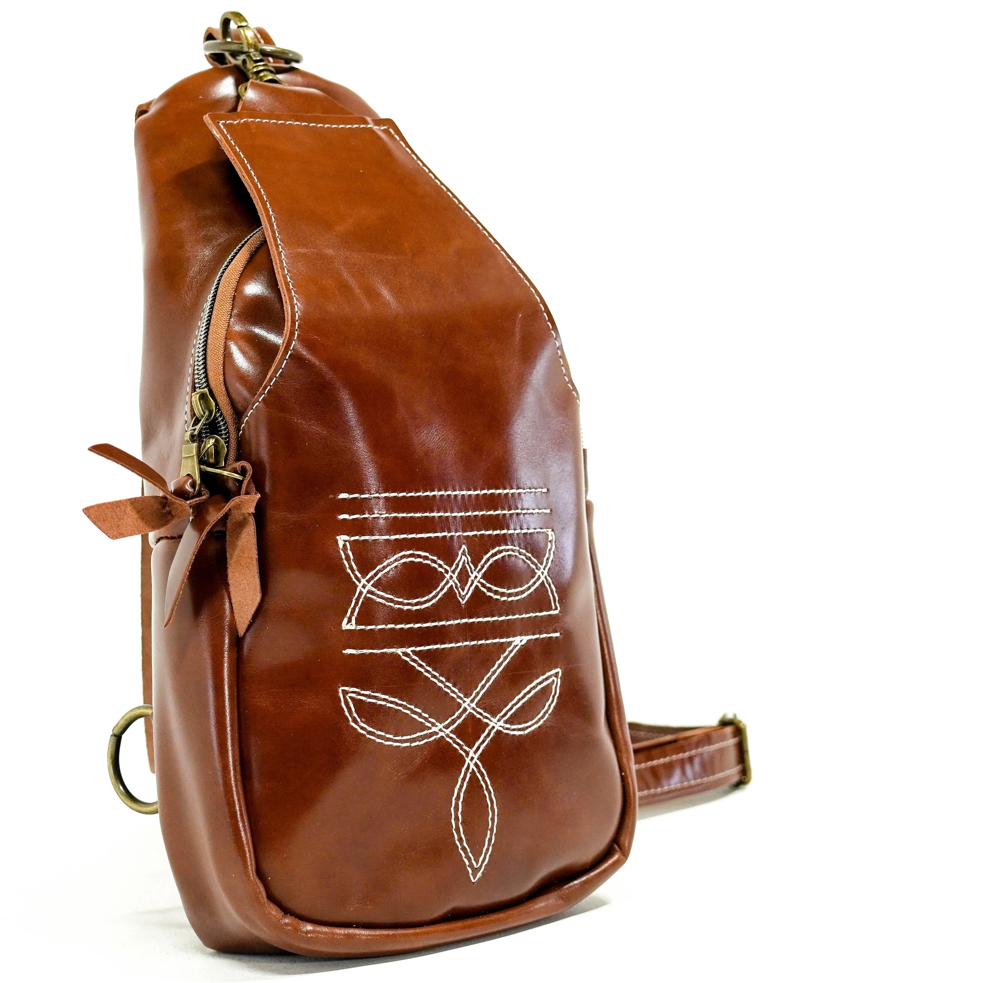 Sling Bag - Cognac Leather w/ Boot Stitch Embroidery