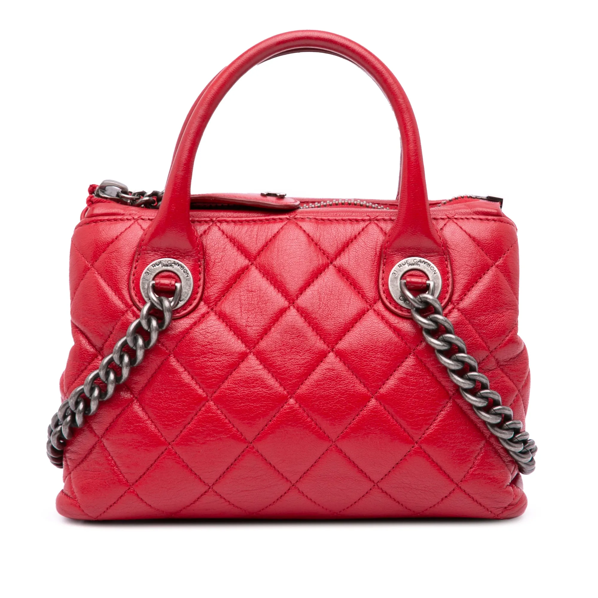 Small Quilted Shiny Sheepskin Boy Chained Tote